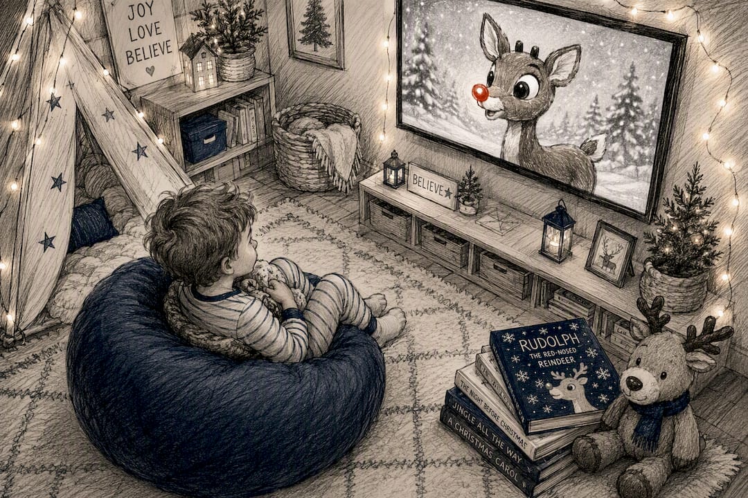 Child watching Rudolph animation with glowing nose