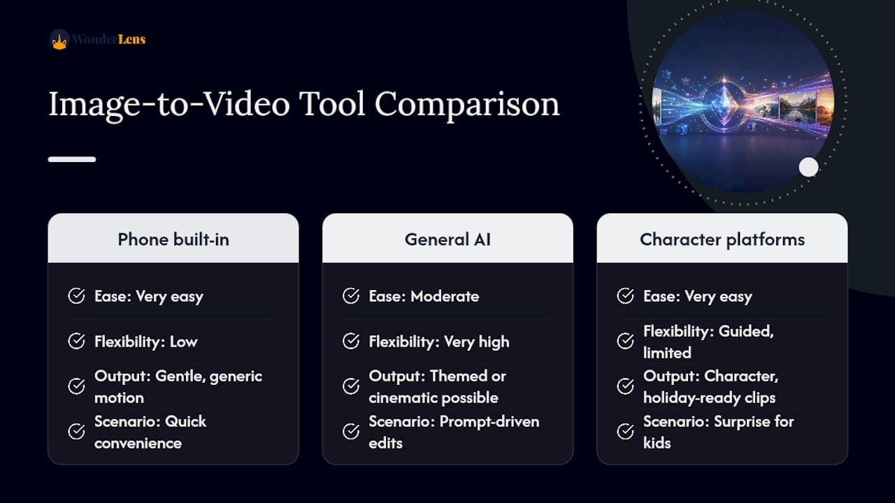 Comparison chart of image-to-video tool types