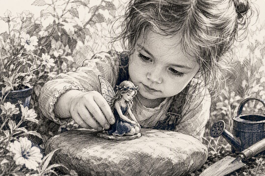 Child placing fairy toy against neutral background