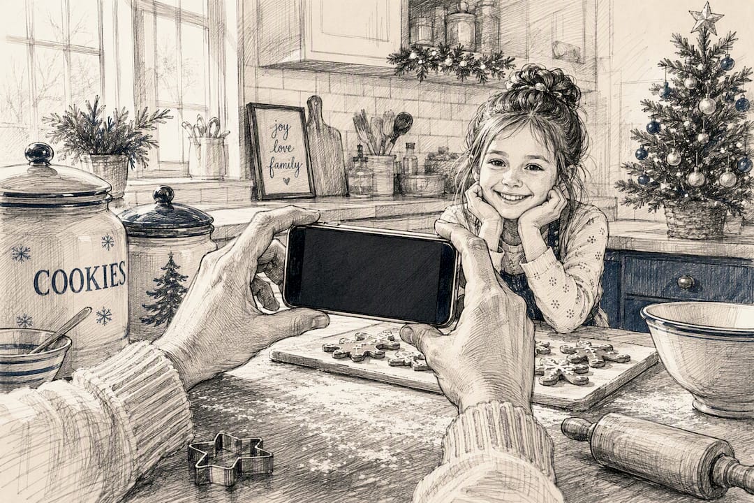Parent adjusting phone camera framing