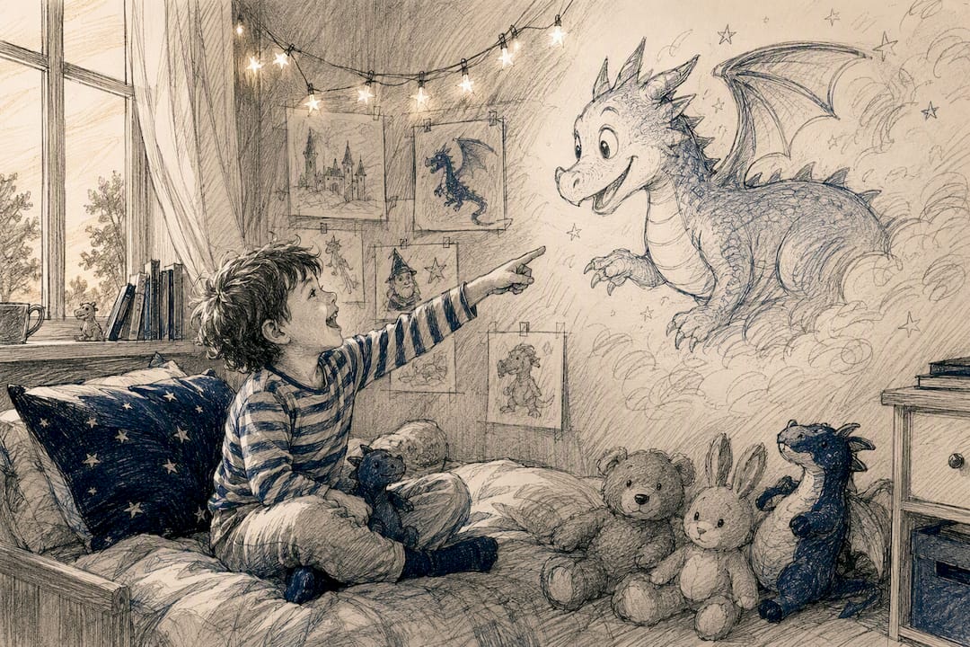 Child amazed by fantasy character animation in room