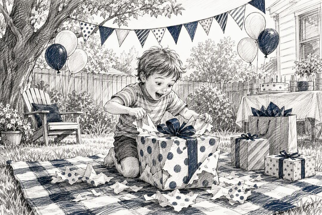 Child's joyful reaction unwrapping birthday present