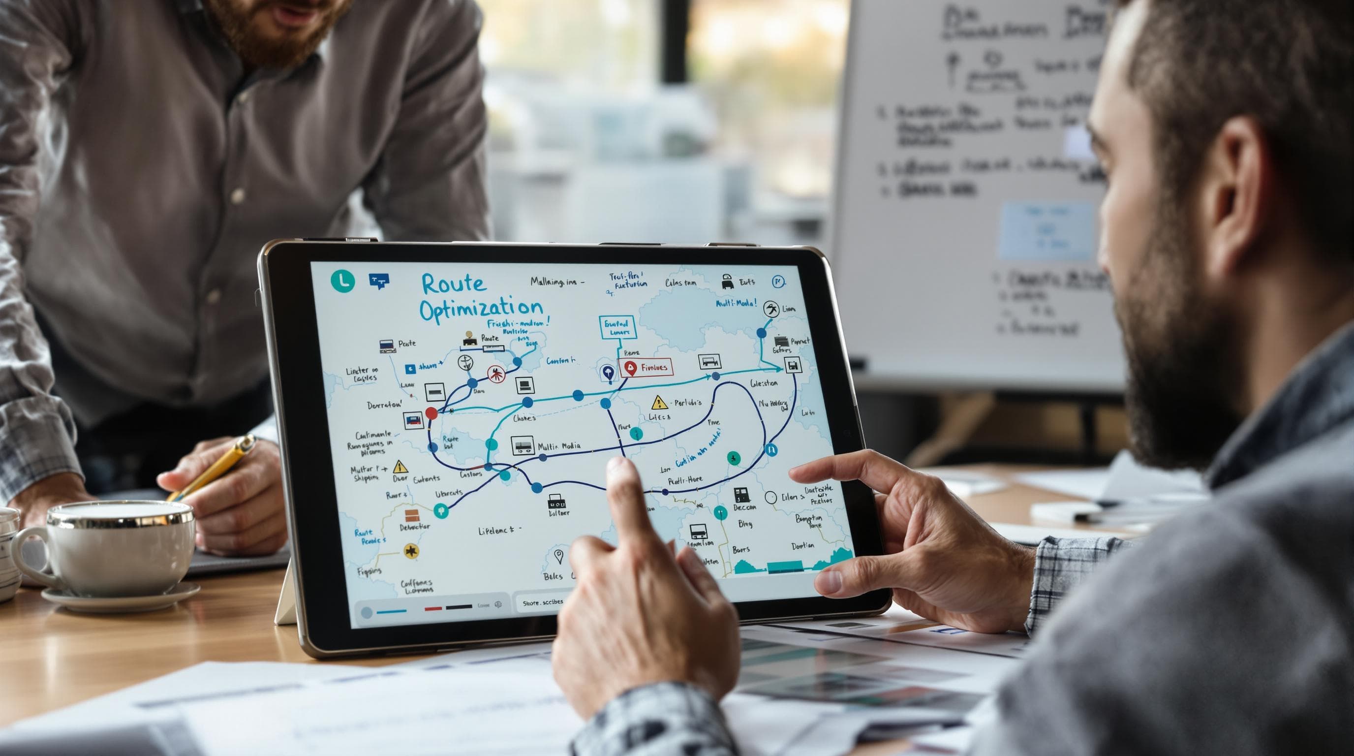 Two logistics planners review global shipping routes with 'Route Optimization' displayed on whiteboard.