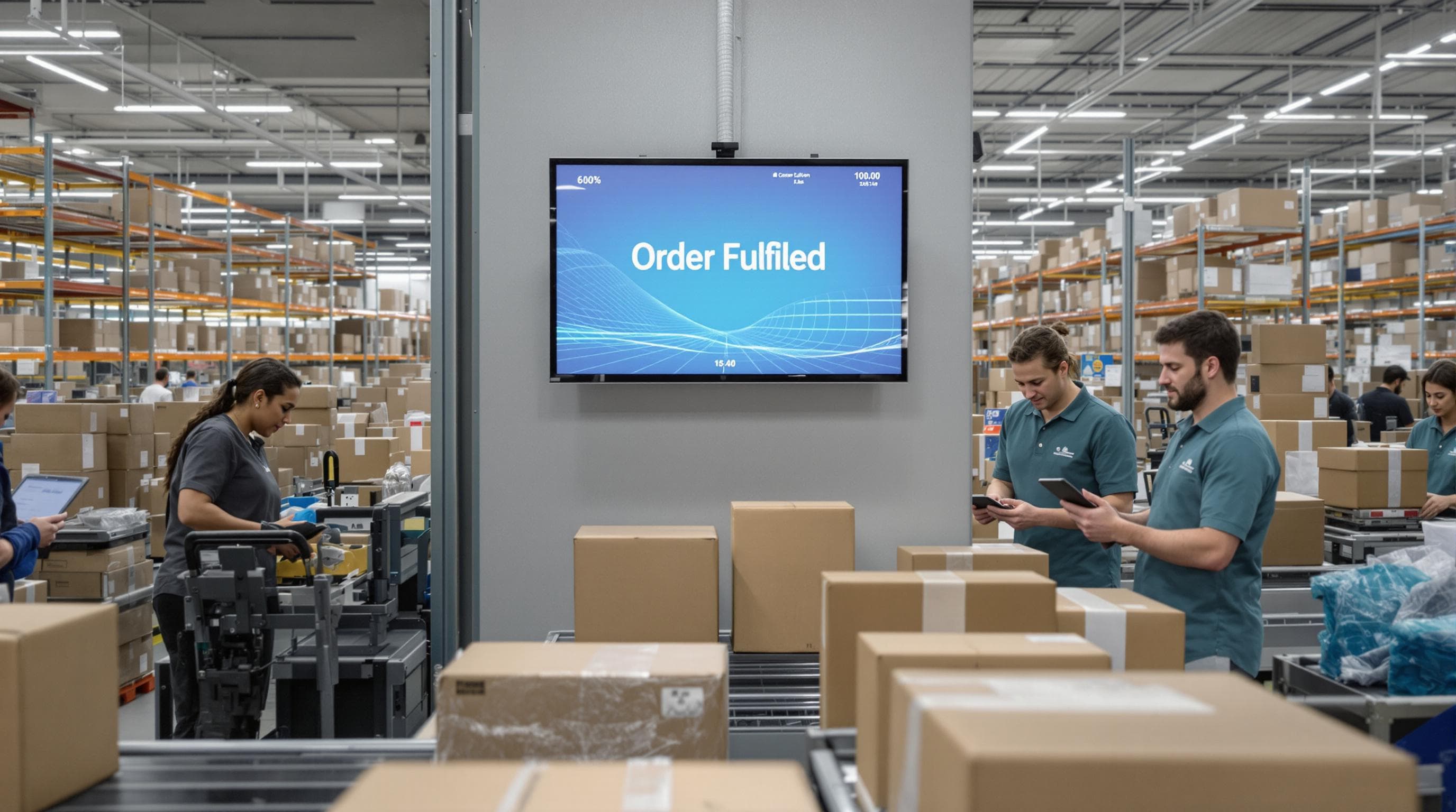 Warehouse workers pack orders with real-time inventory screen
