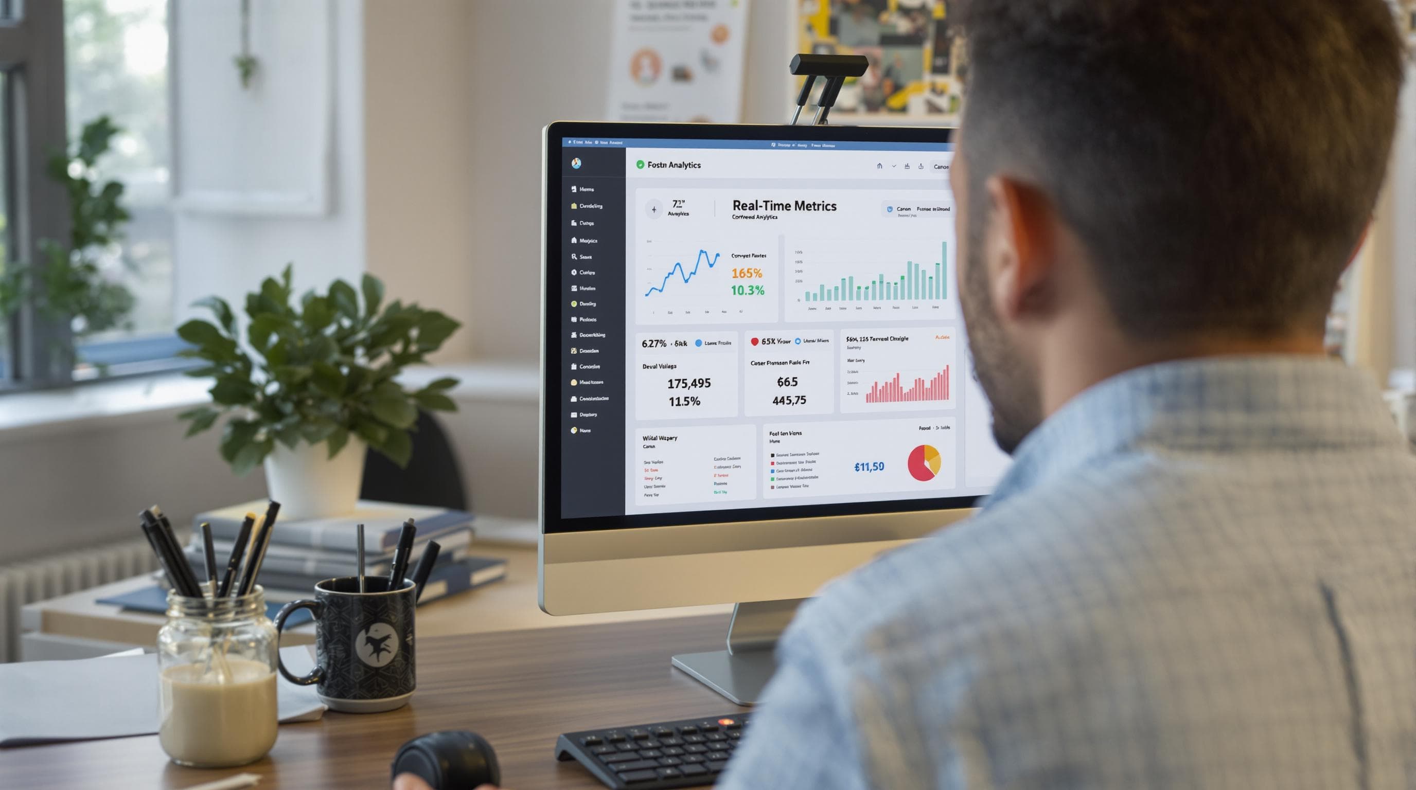 Business owner views digital marketing dashboard with real-time performance metrics