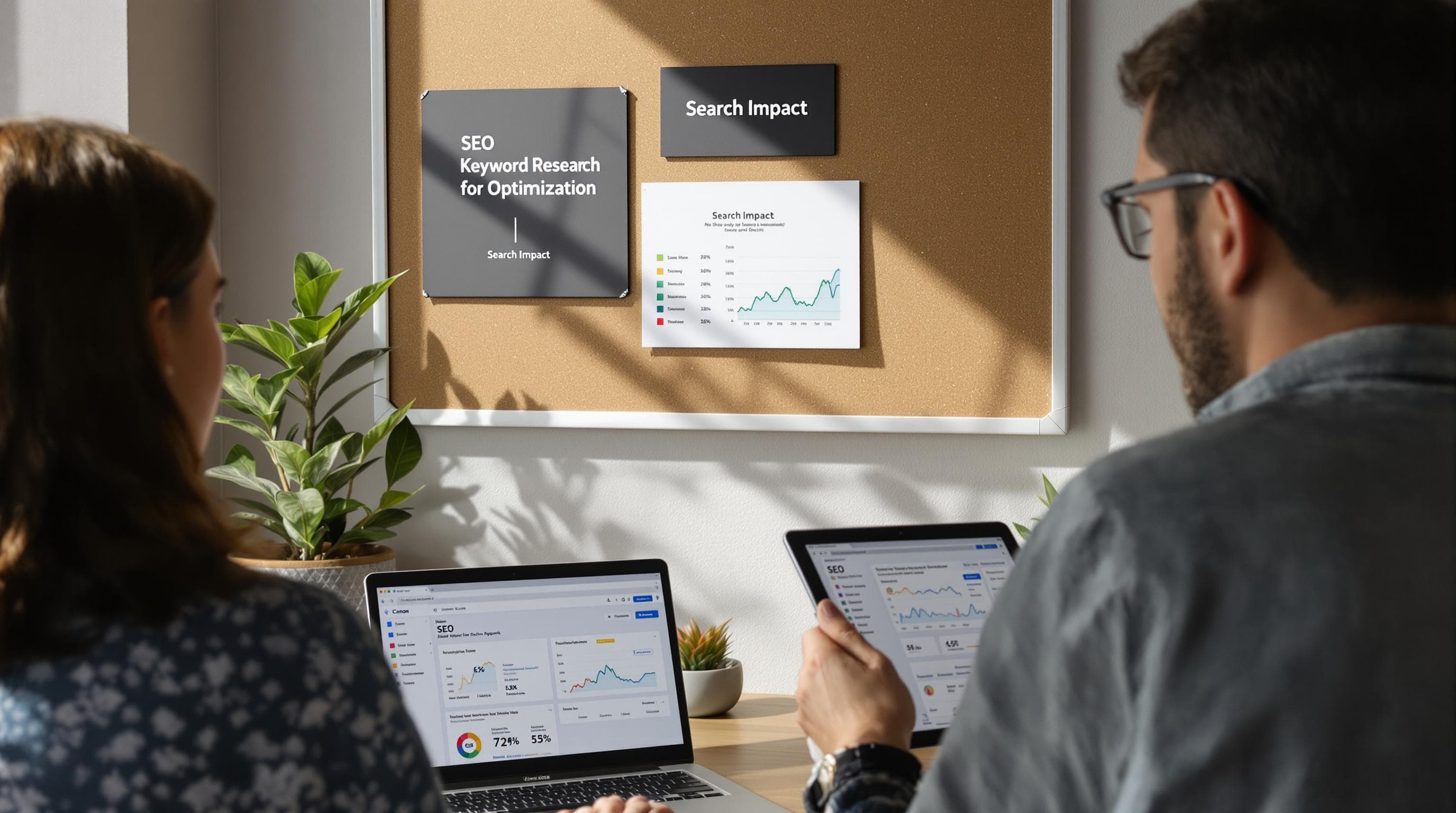 Marketers review SEO dashboards with 'Search Impact' on infographic card