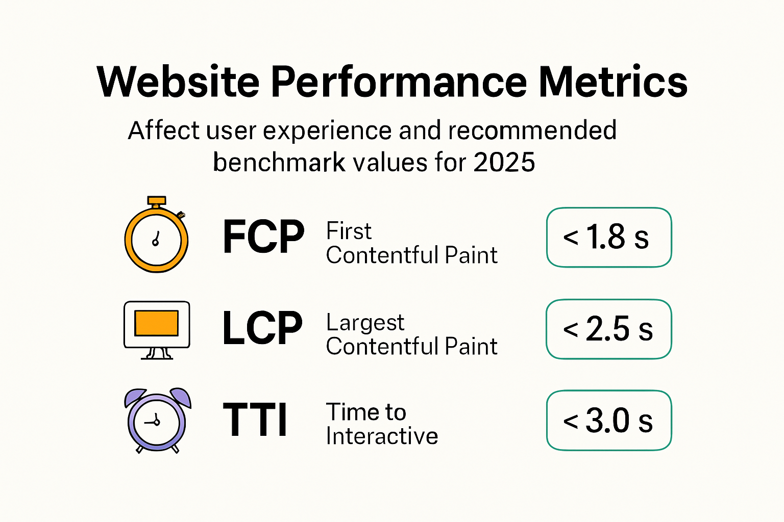 Infographic illustrating key website performance metrics and optimal loading times.