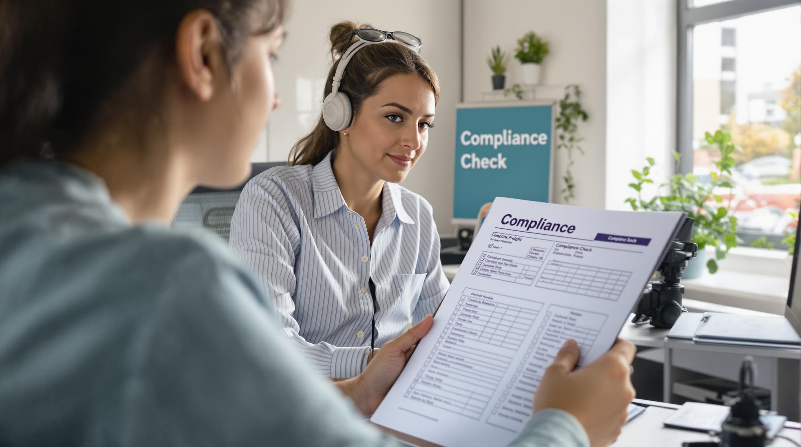 Compliance specialist reviewing freight documents and checklist during a shipping audit