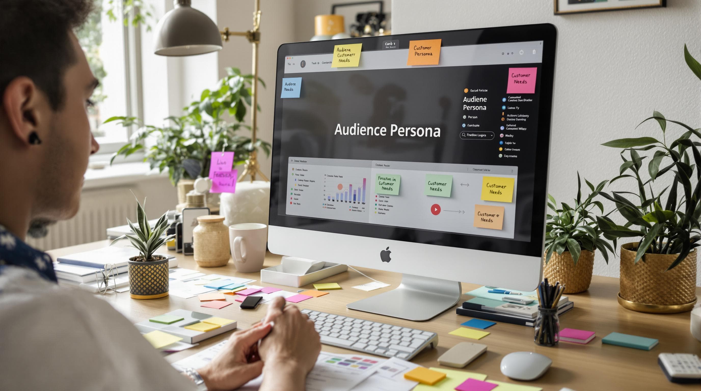 Marketer at computer working on a detailed audience persona profile