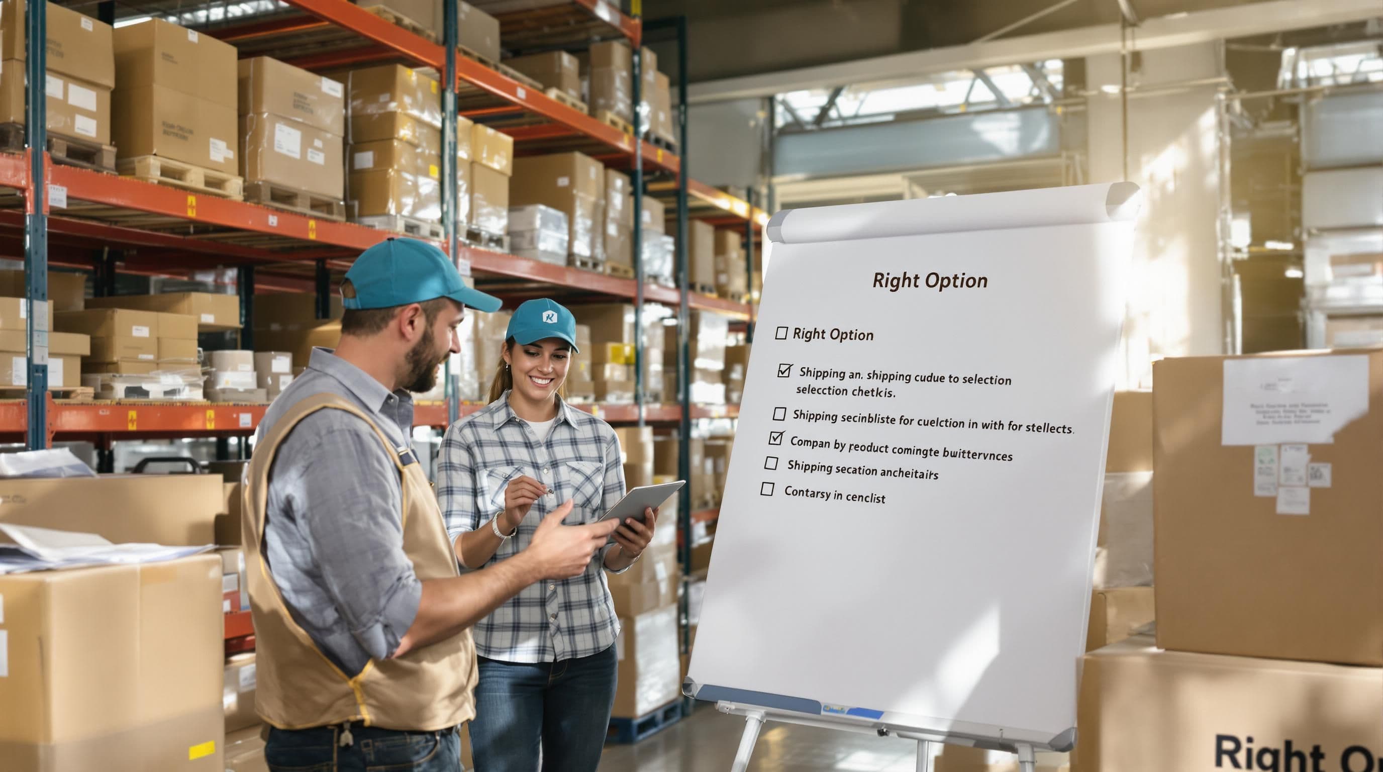Business owner choosing between courier and freight for different sized packages in stockroom