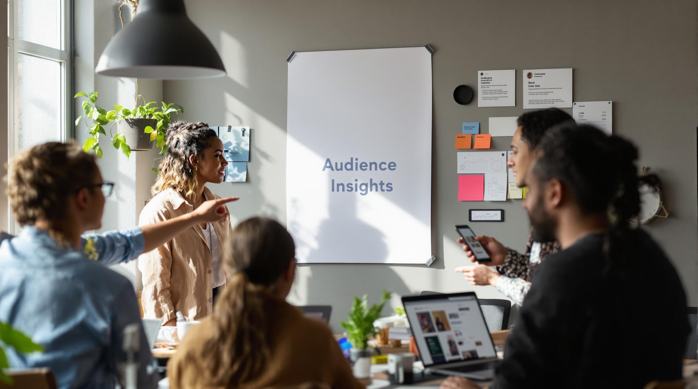 Creative team develops social strategy with poster reading 'Audience Insights'