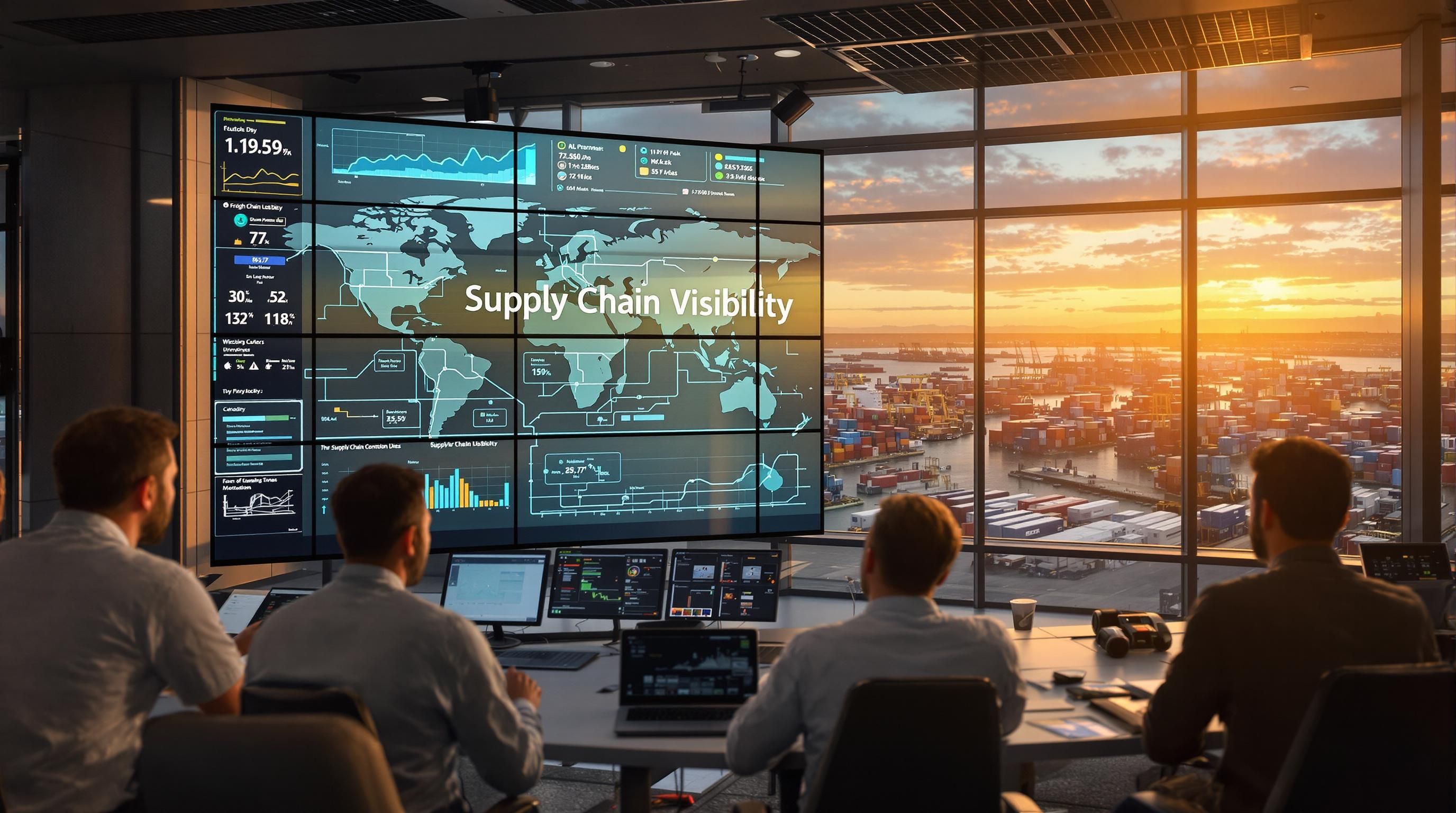 Freight managers monitor real-time supply chain tracking in a modern logistics control room
