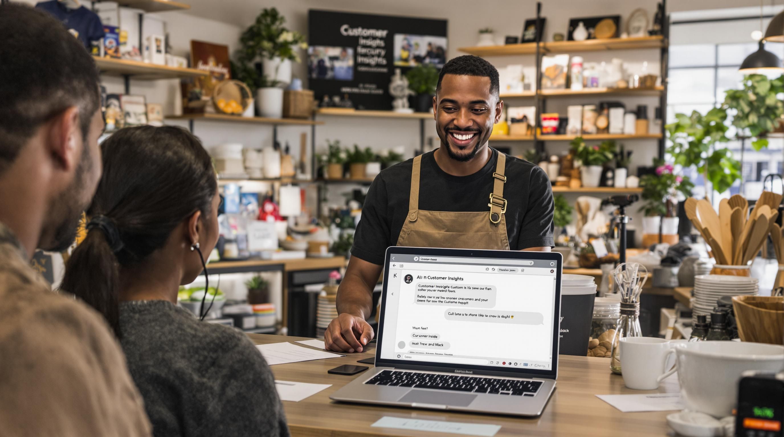 Business owner using AI chatbot to assist customer in shop