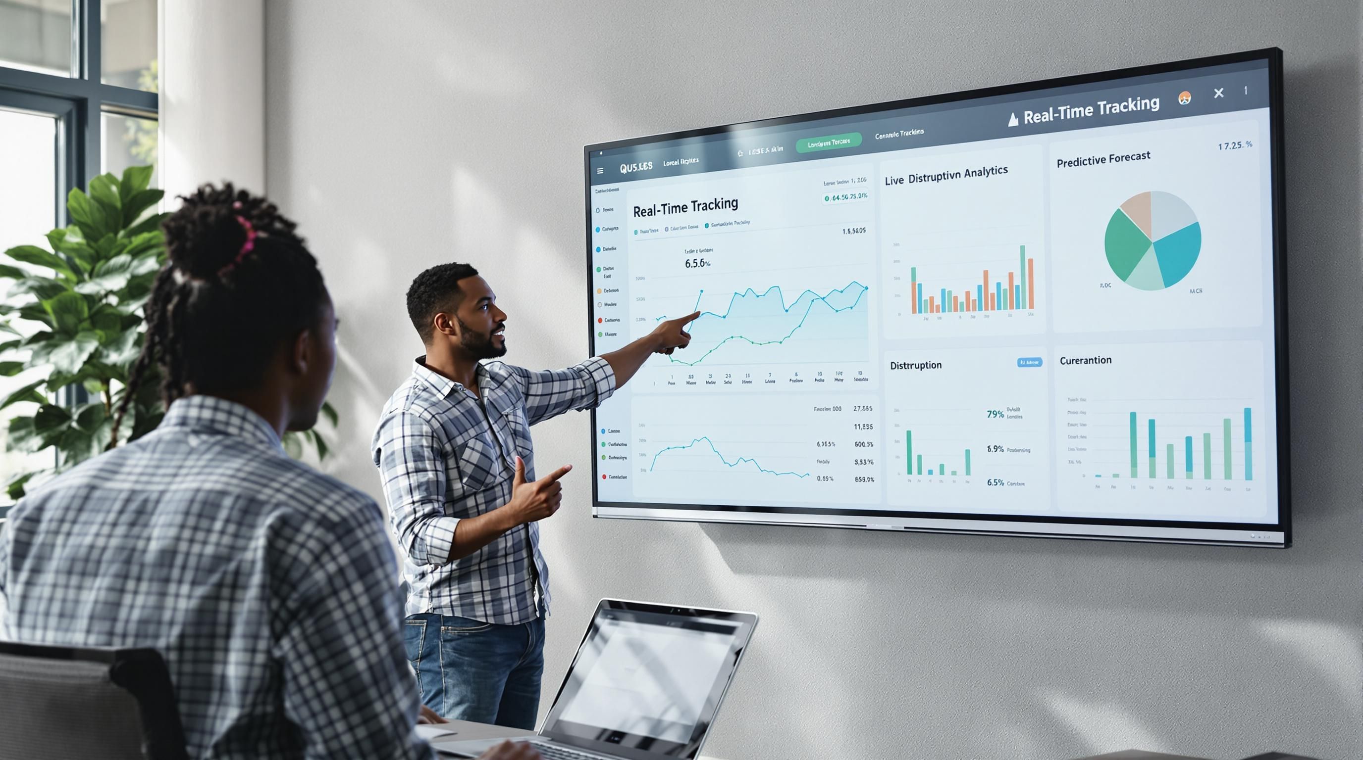 Logistics managers study real-time tracking dashboard in office