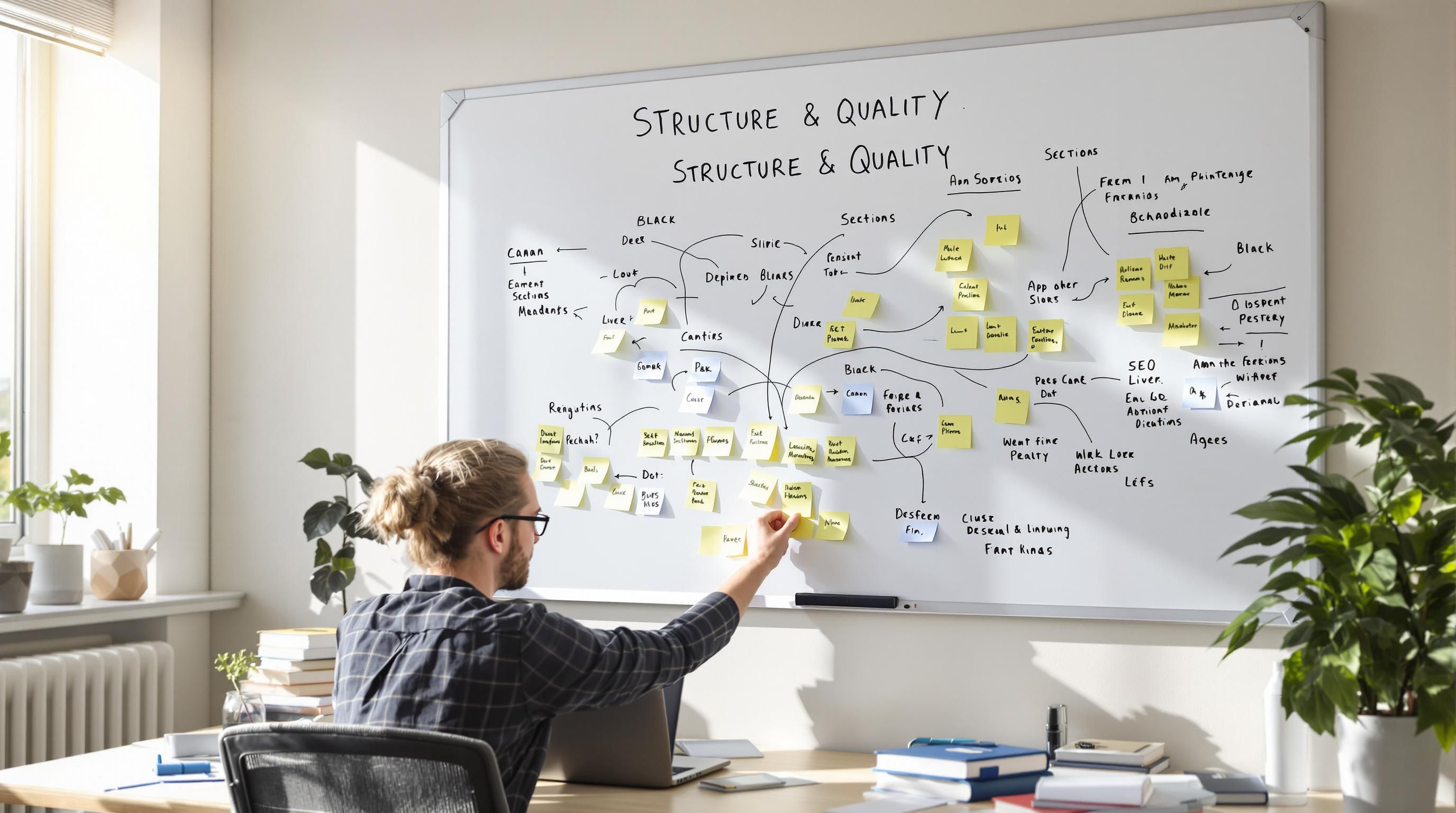 Developer mapping website architecture and quality strategy on whiteboard