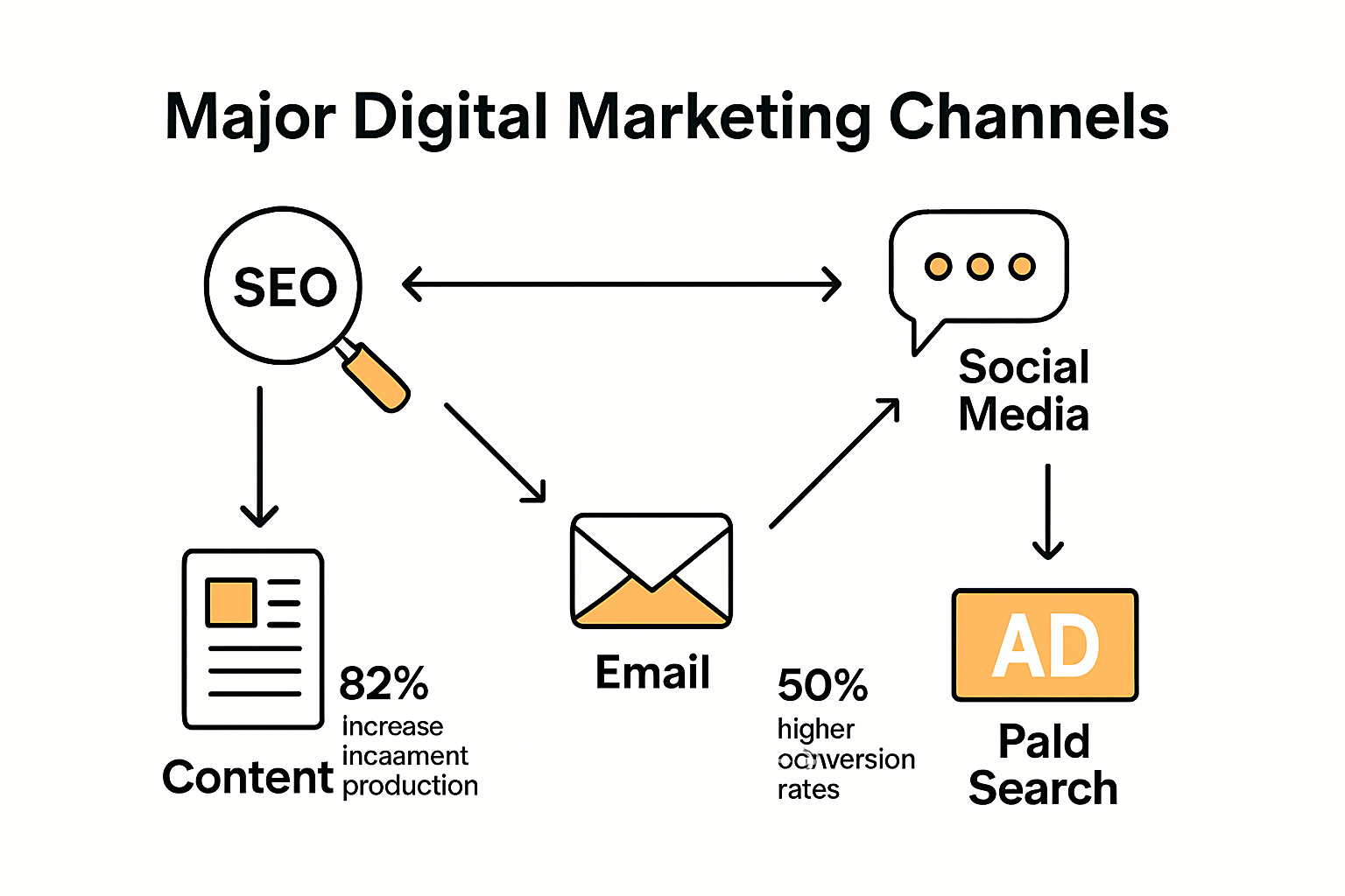Infographic illustrating key digital marketing channels and connections