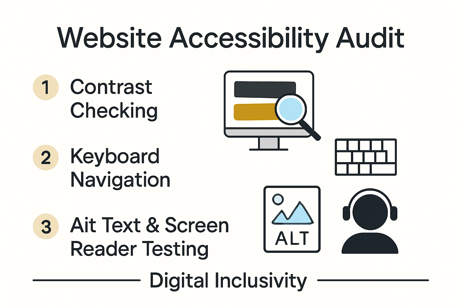 Website accessibility audit process infographic with compliance steps