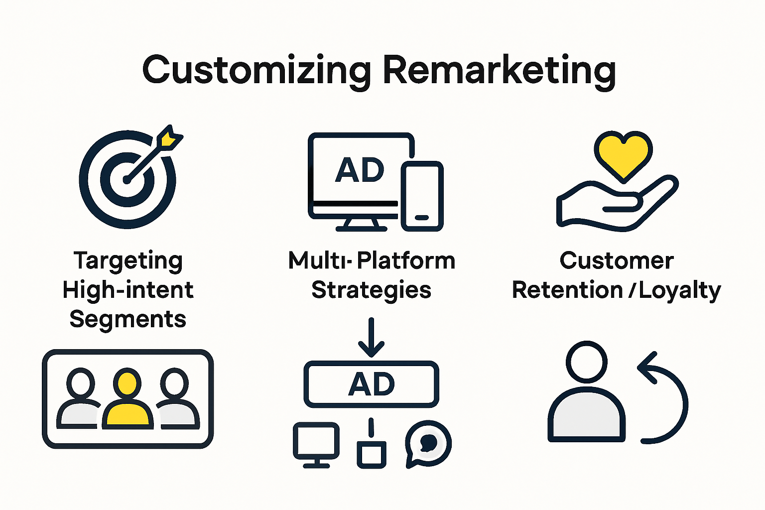 Infographic comparing US remarketing strategies: high-intent, multi-platform, retention