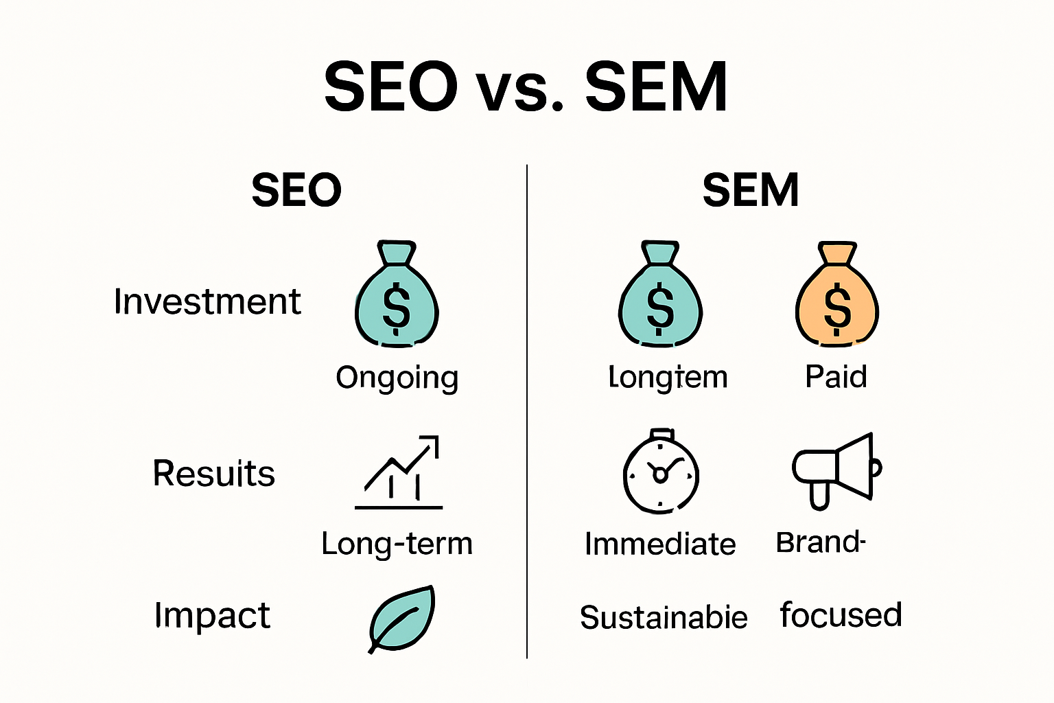 Infographic visualizing SEO and SEM differences and impact