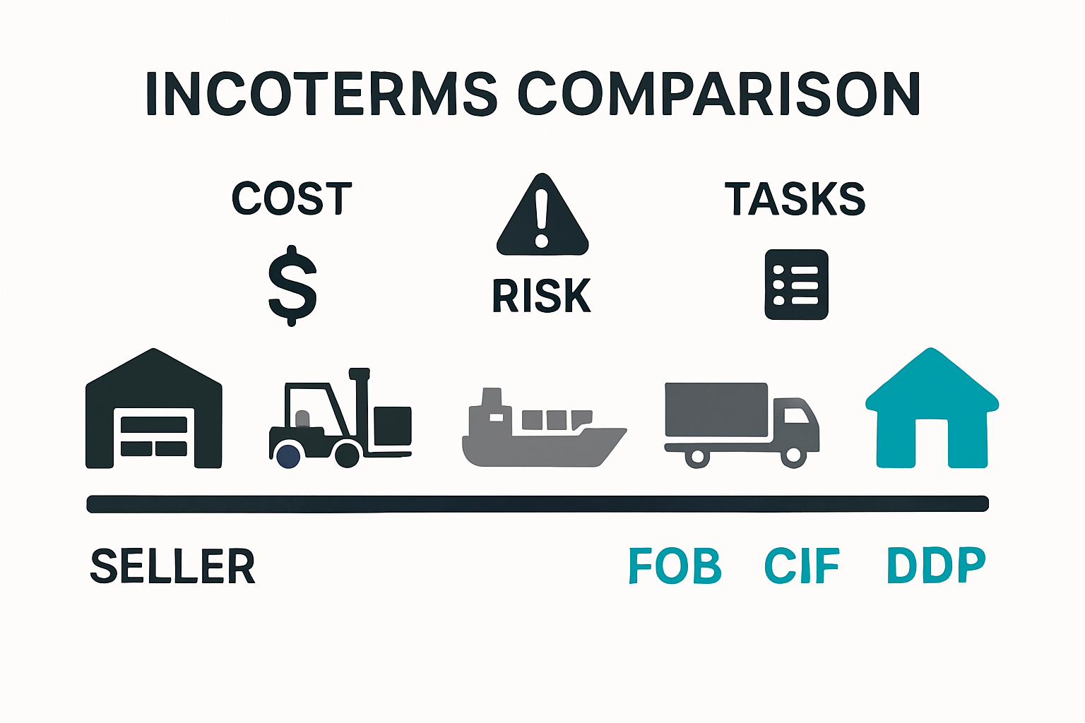 Infographic comparing seller and buyer responsibilities for key incoterms