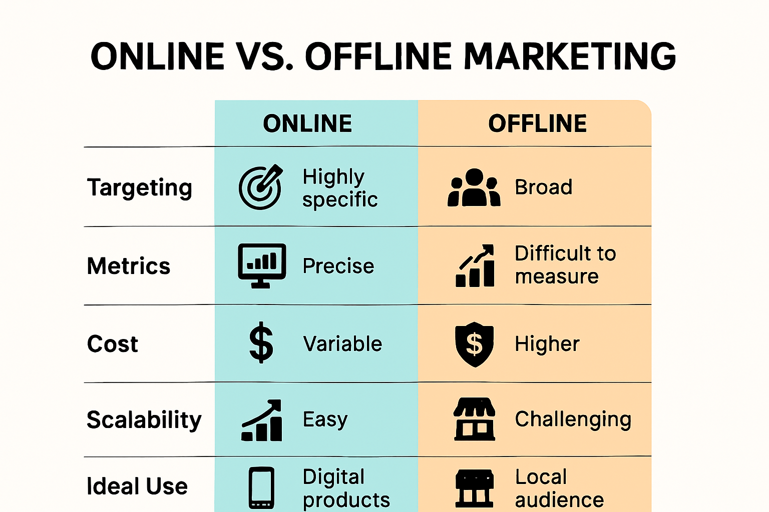 Comparison infographic showing key differences between online and offline marketing