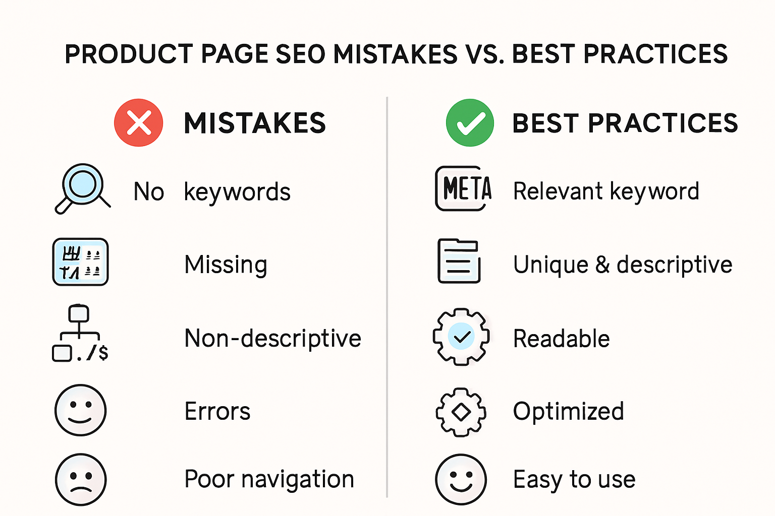 Product page SEO mistakes versus best practices infographic