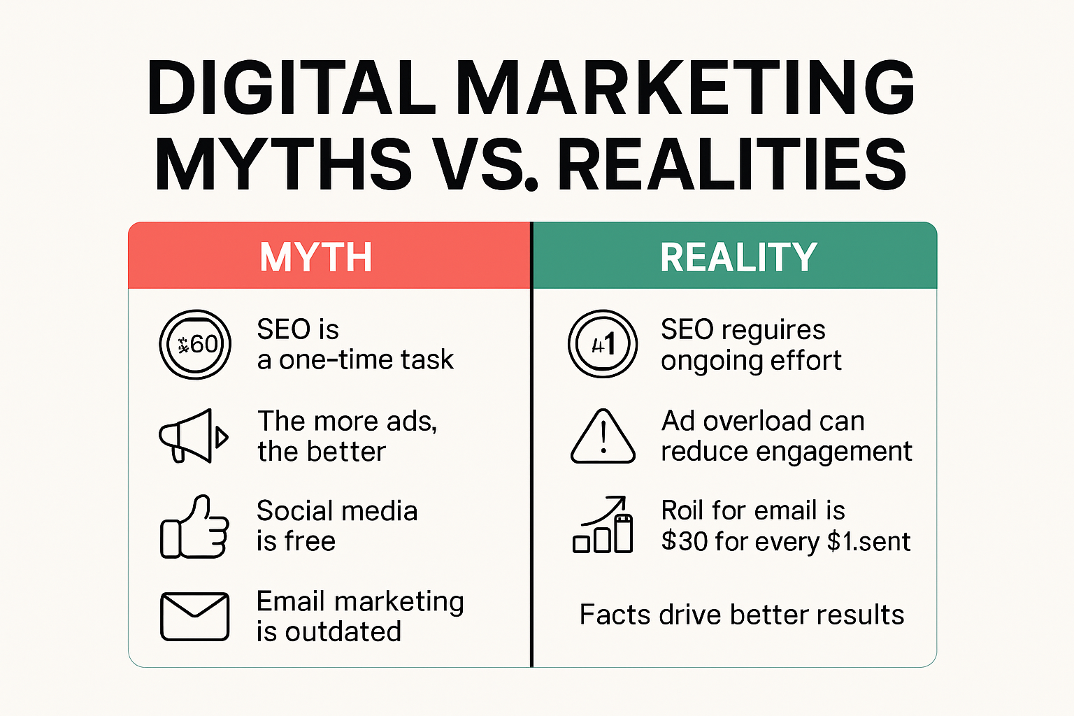 Infographic dispelling common digital marketing myths with facts