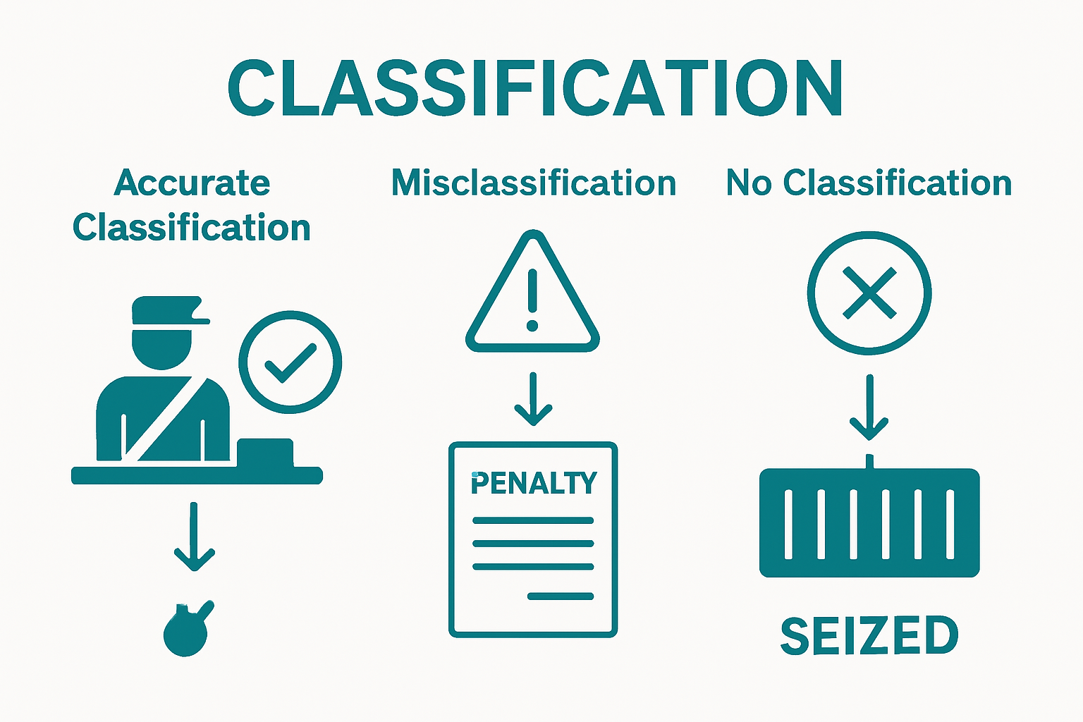Infographic showing accurate, misclassified, and unclassified international shipments with customs outcomes