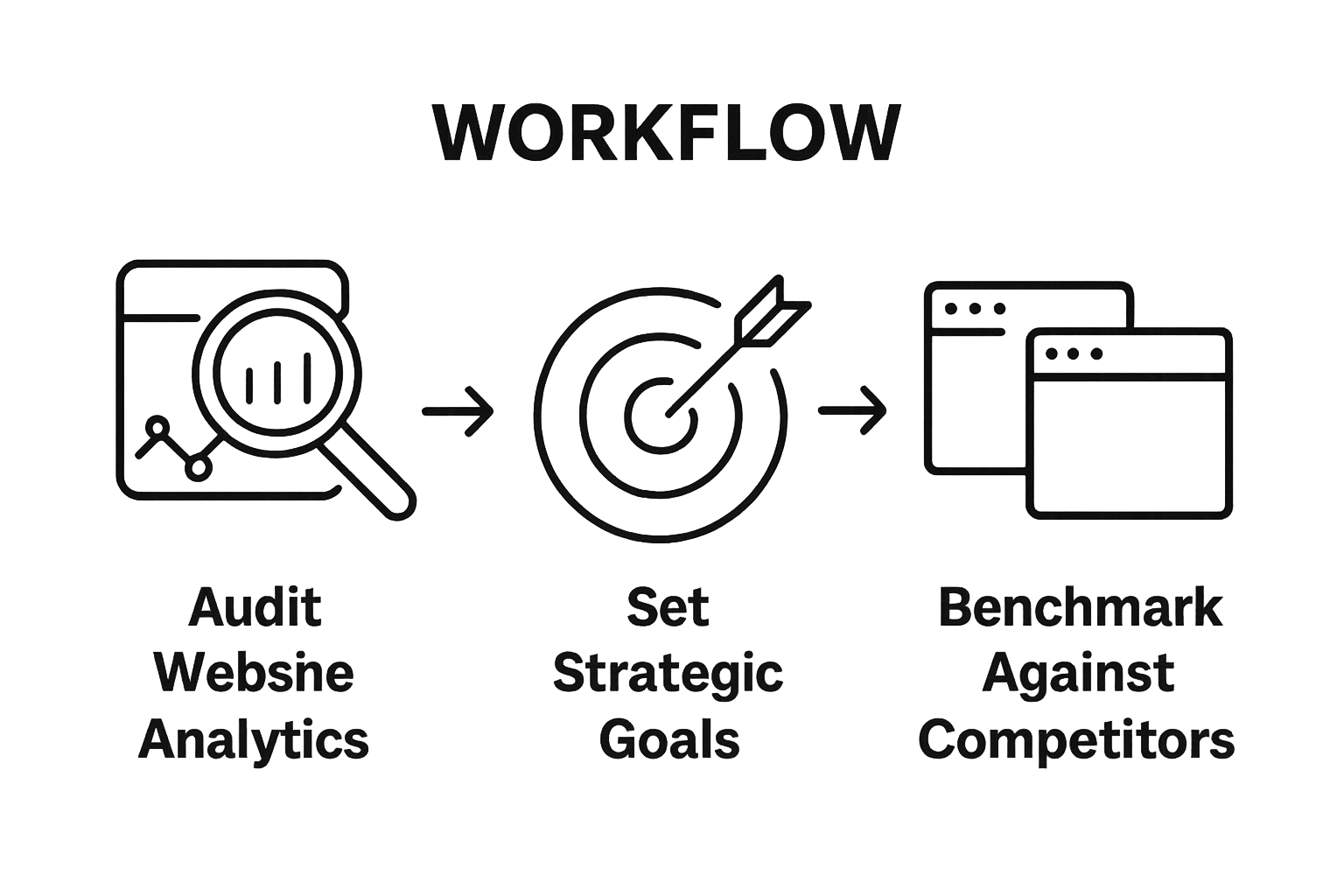 Three-step website redesign process with icons and arrows