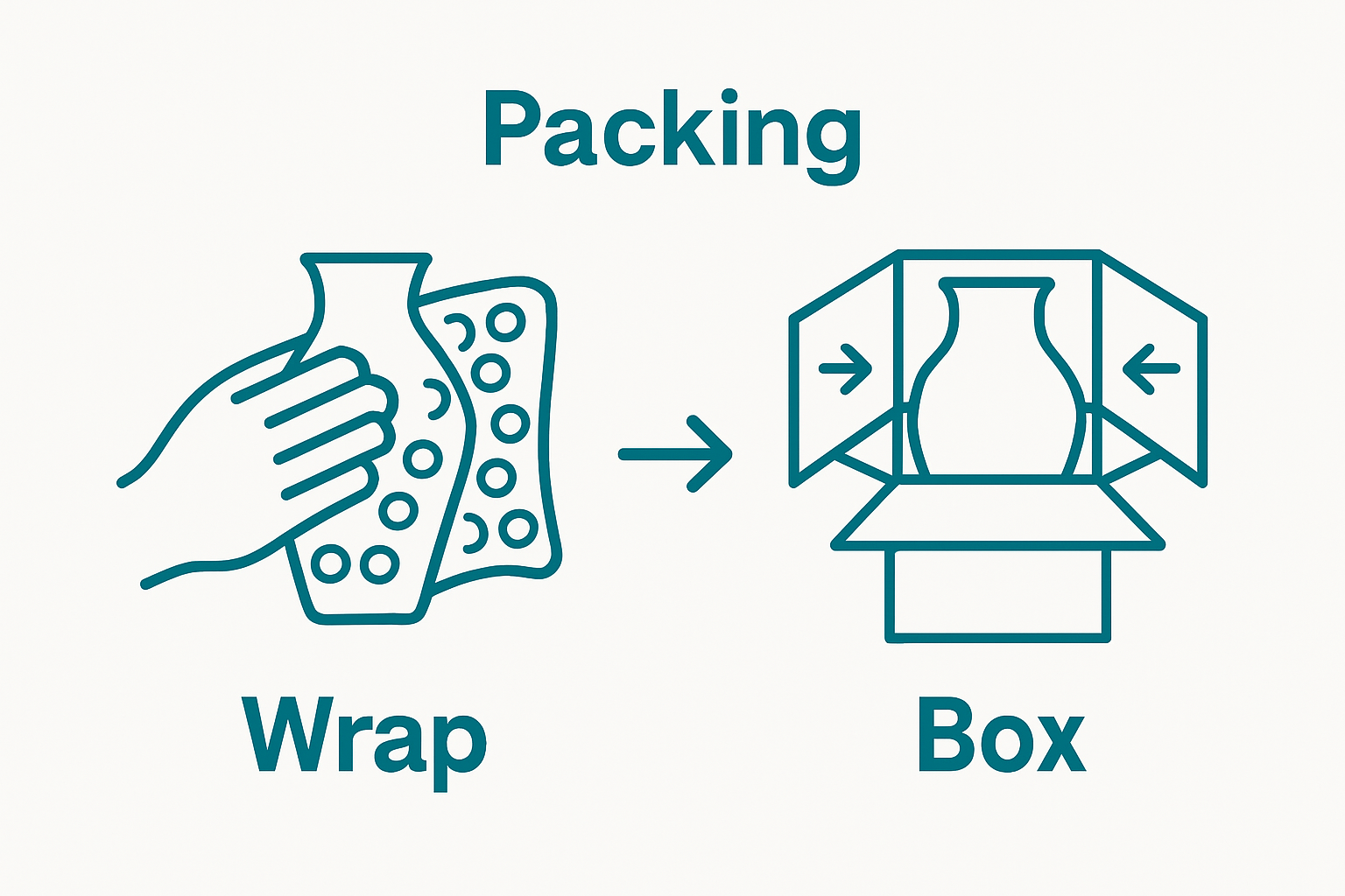 Simple 2-step graphic: wrapping fragile item and boxing it with padding
