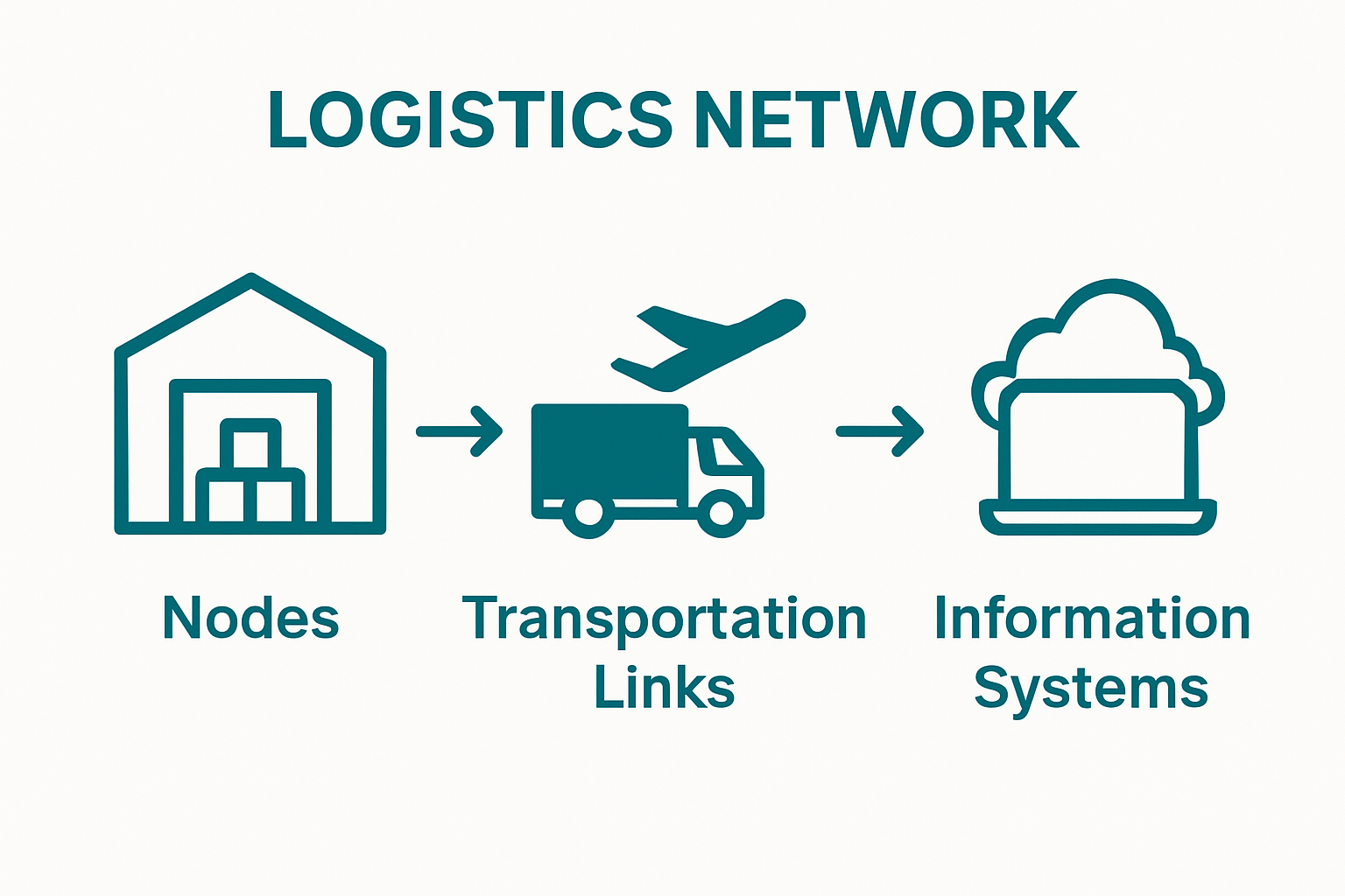 Infographic showing nodes, transport links, information systems in logistics