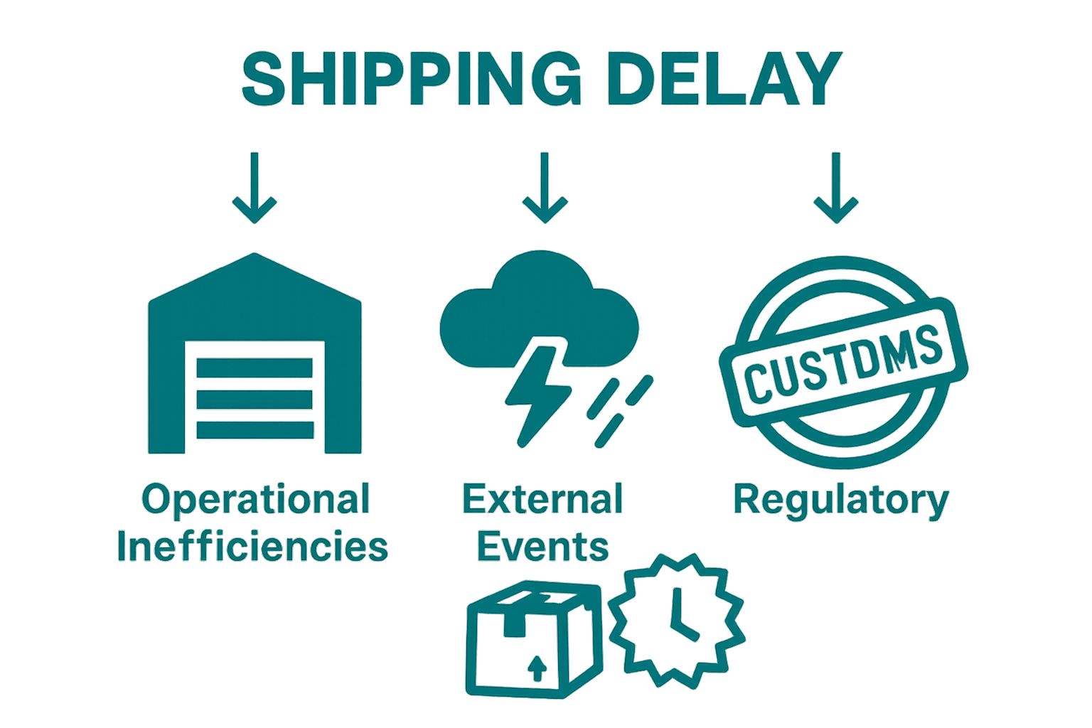Icons show warehouse, storm cloud, and customs stamp causing late shipment