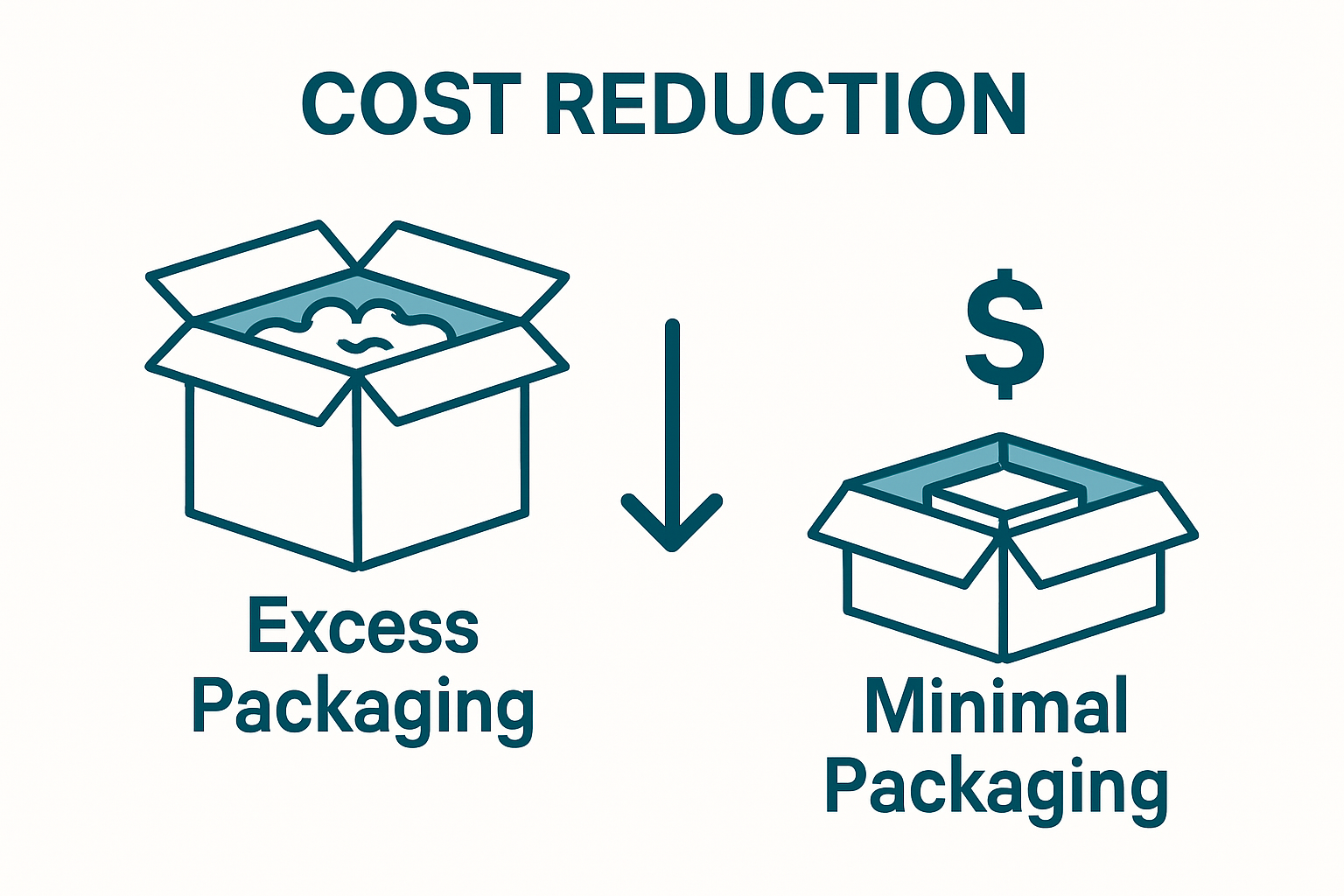 Before and after packaging cost infographic with large and optimized boxes
