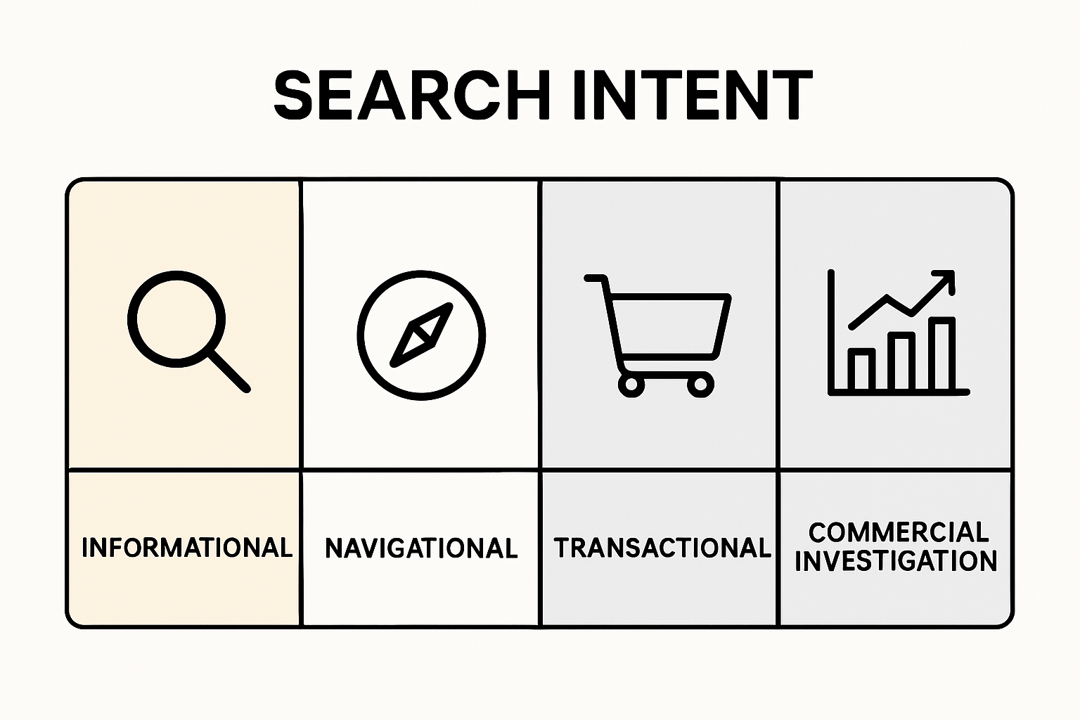 Infographic showing four types of search intent side by side with icons