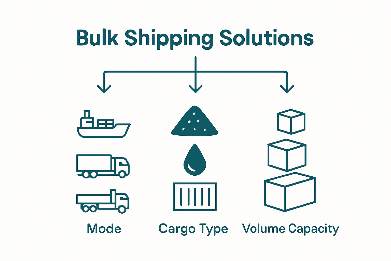 Infographic showing bulk shipping classifications by mode, cargo type, and capacity