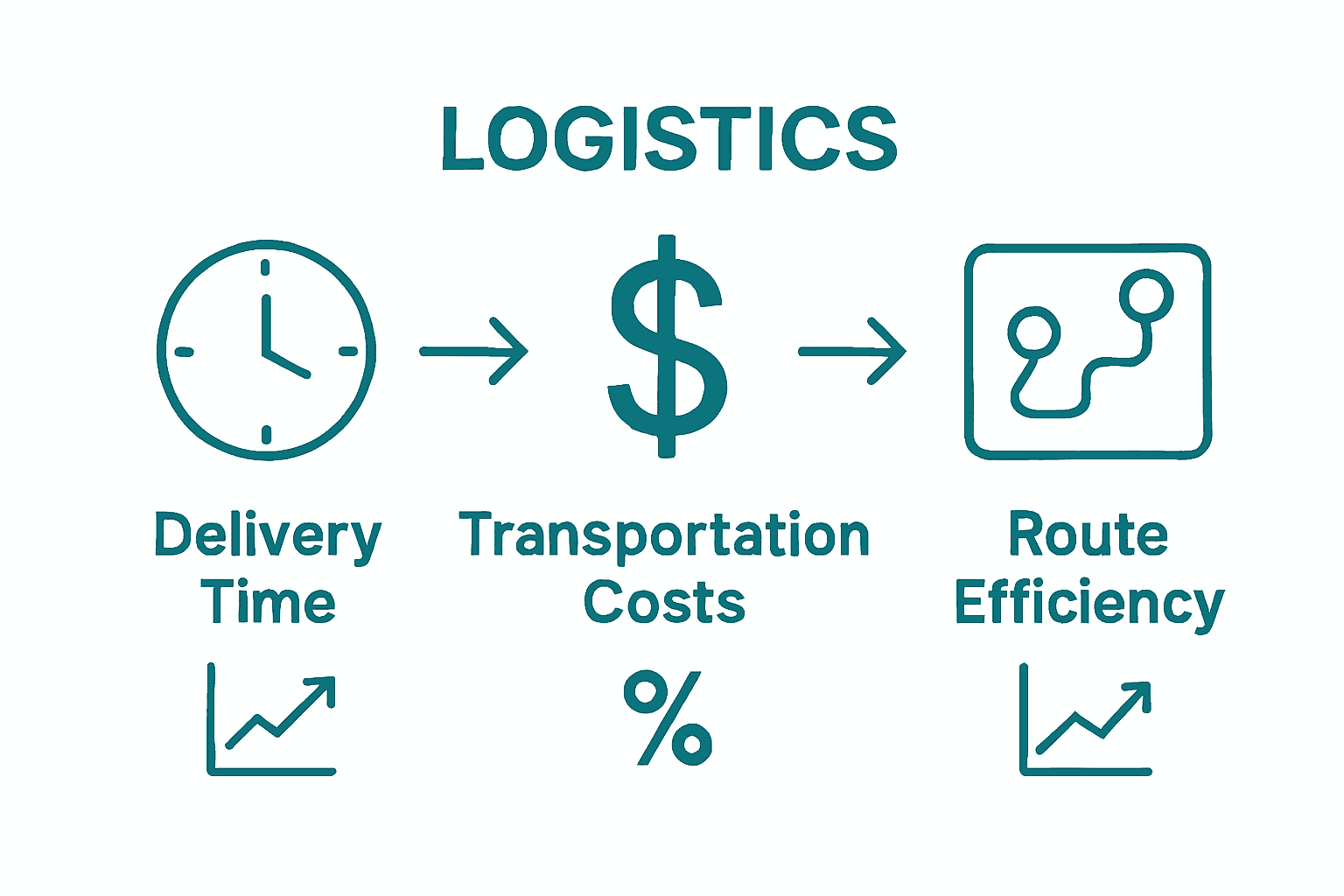 Visual comparison of delivery time, transportation costs, and route efficiency in logistics