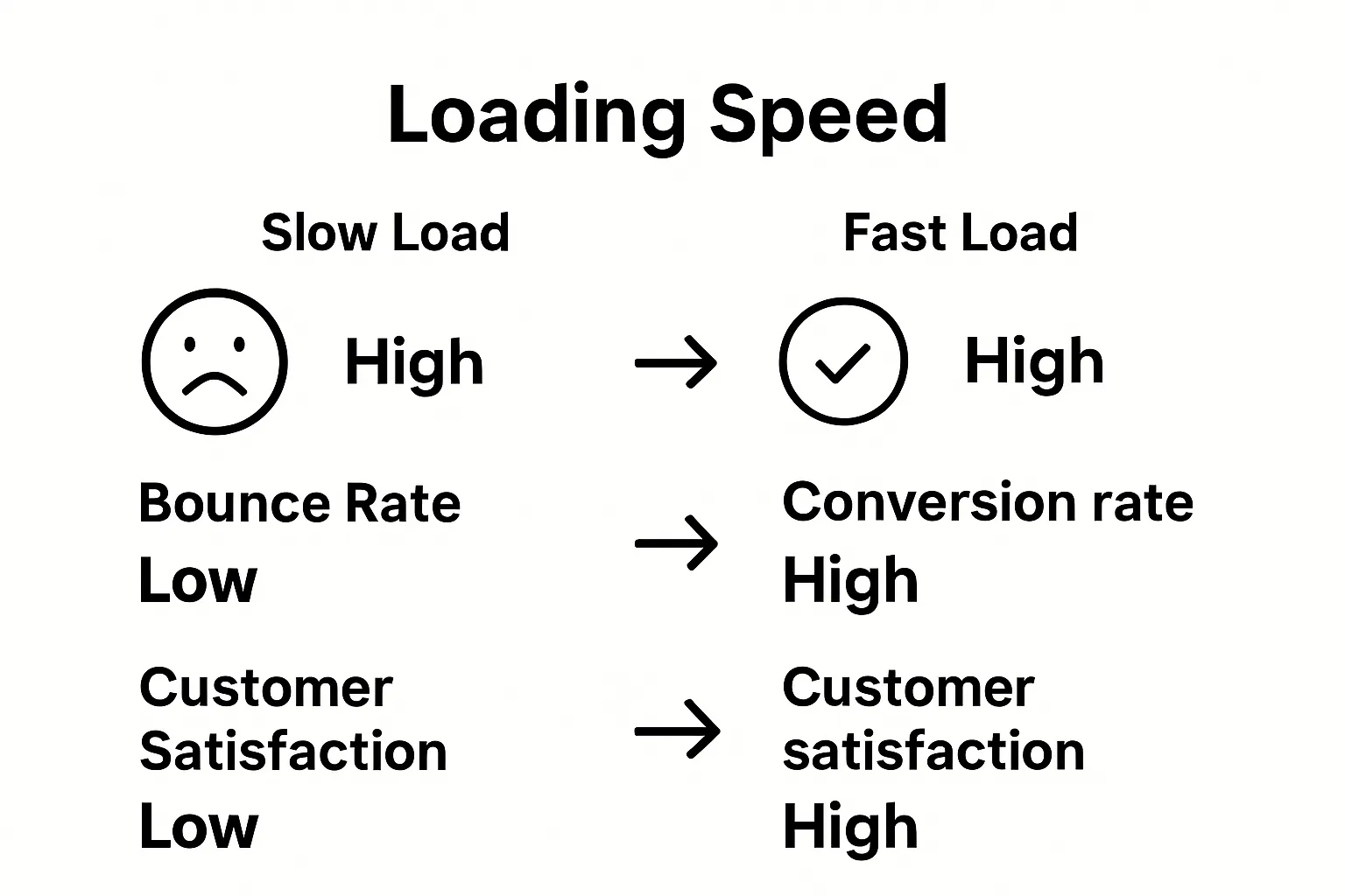 Infographic comparing bounce rate, conversion rate, and satisfaction for slow and fast loading websites