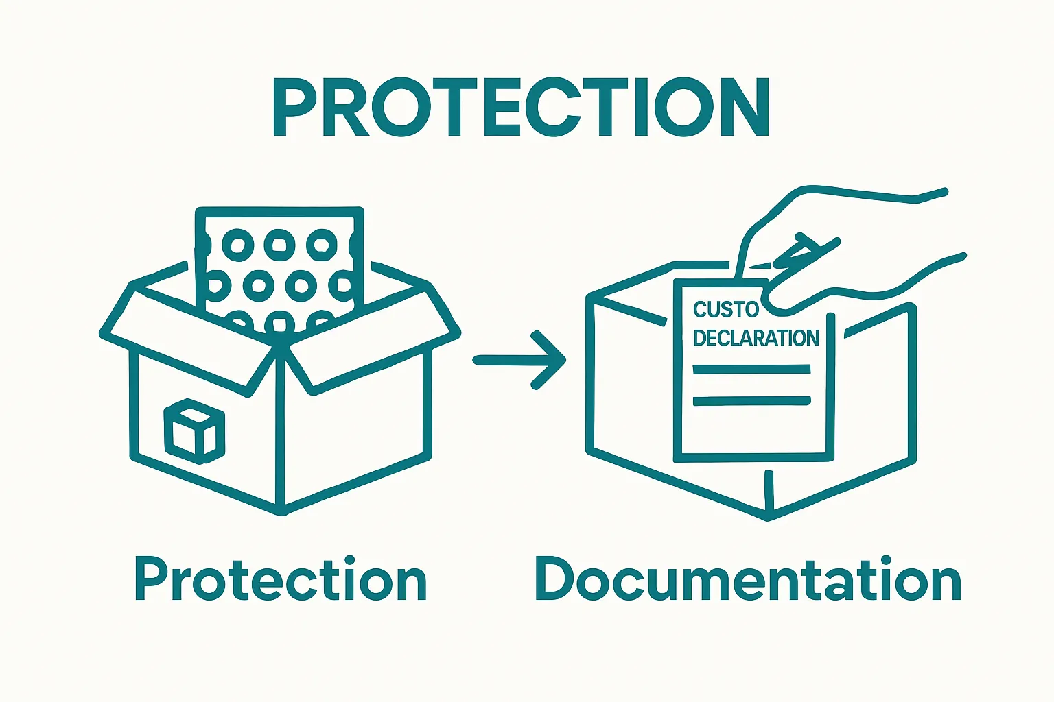 Infographic showing international package preparation: packaging product and attaching customs form.