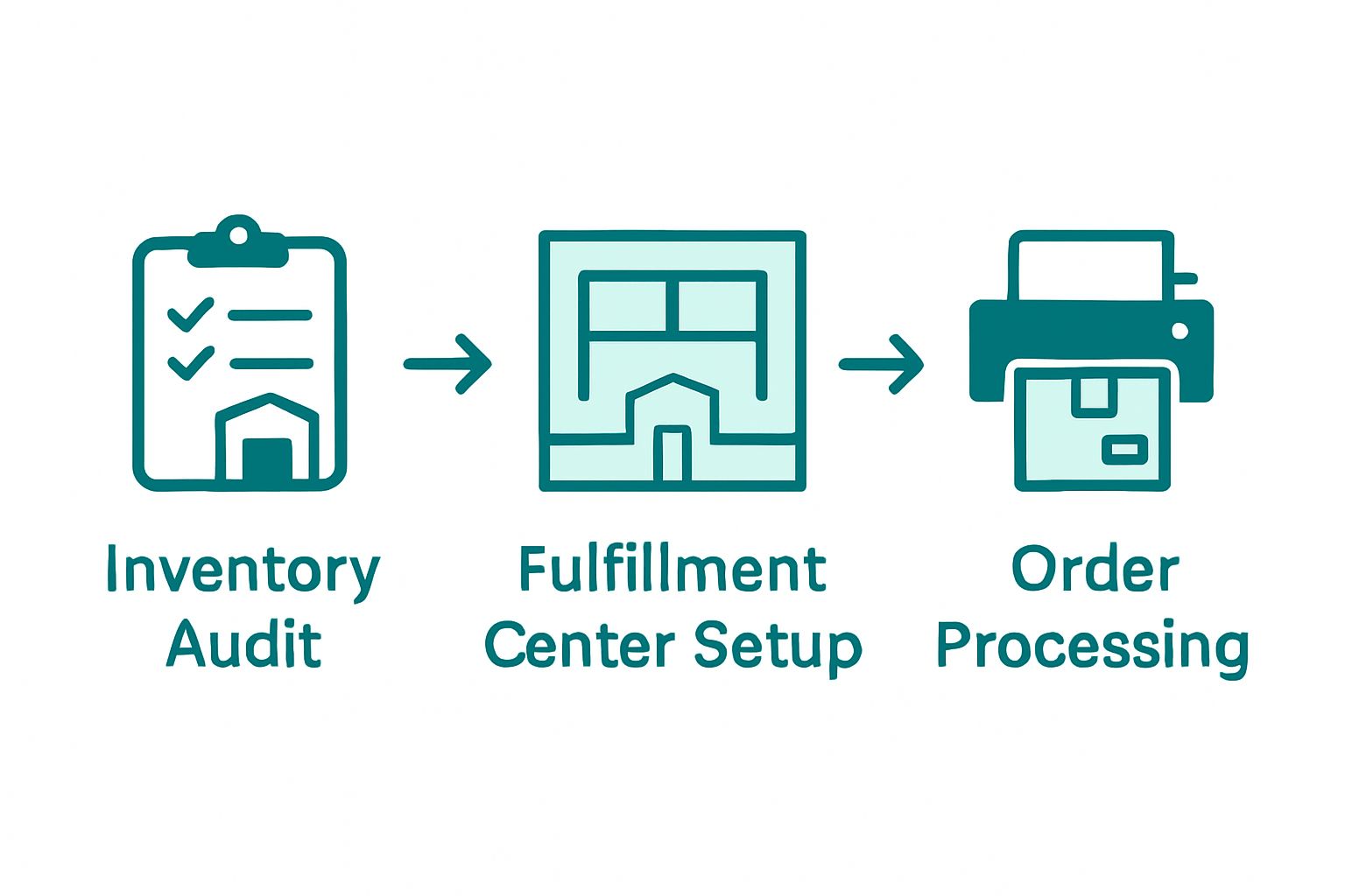 Three-step fulfillment workflow: inventory audit, center setup, processing