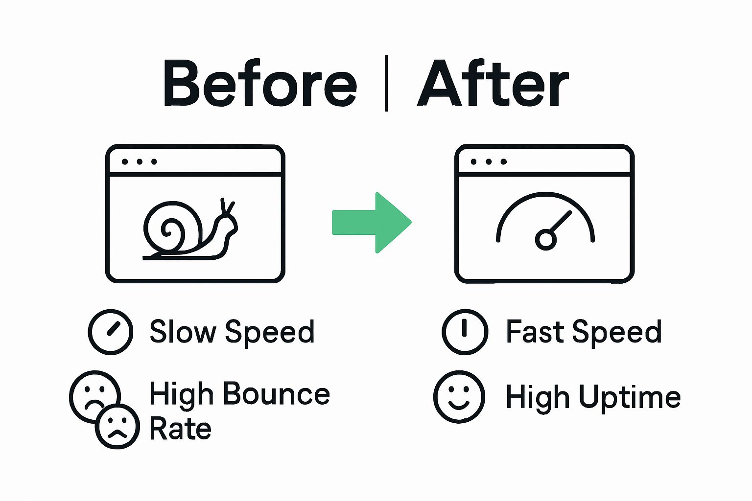 Infographic visually comparing website performance before and after choosing the right hosting provider