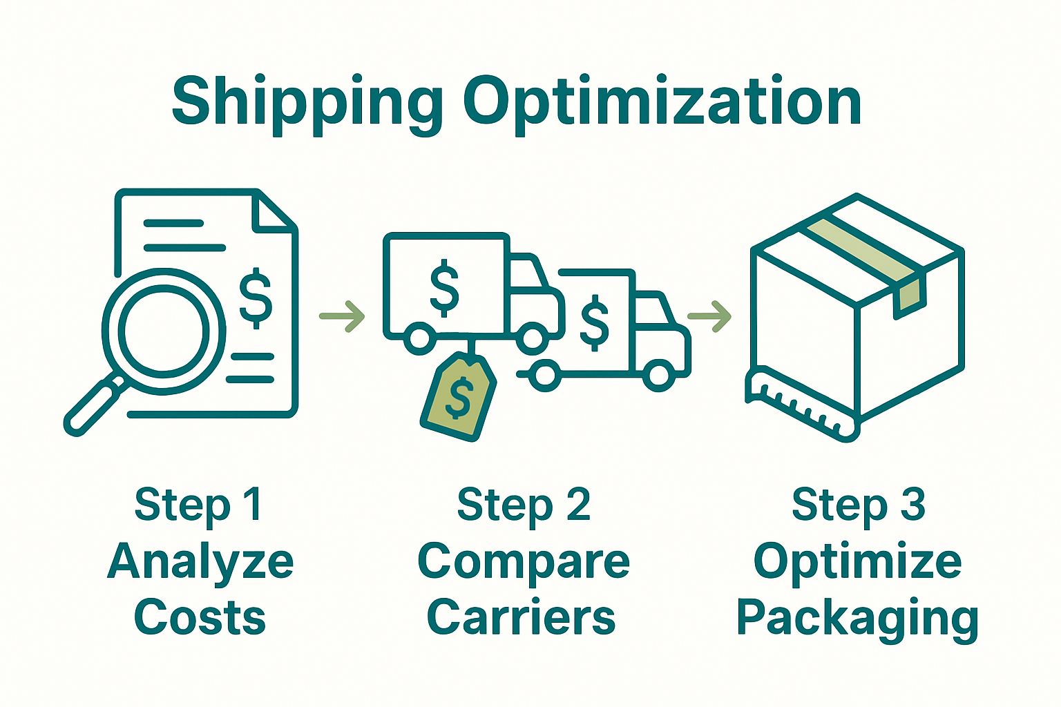 Infographic showing three key steps to reduce shipping costs: analyze costs, compare carriers, optimize packaging