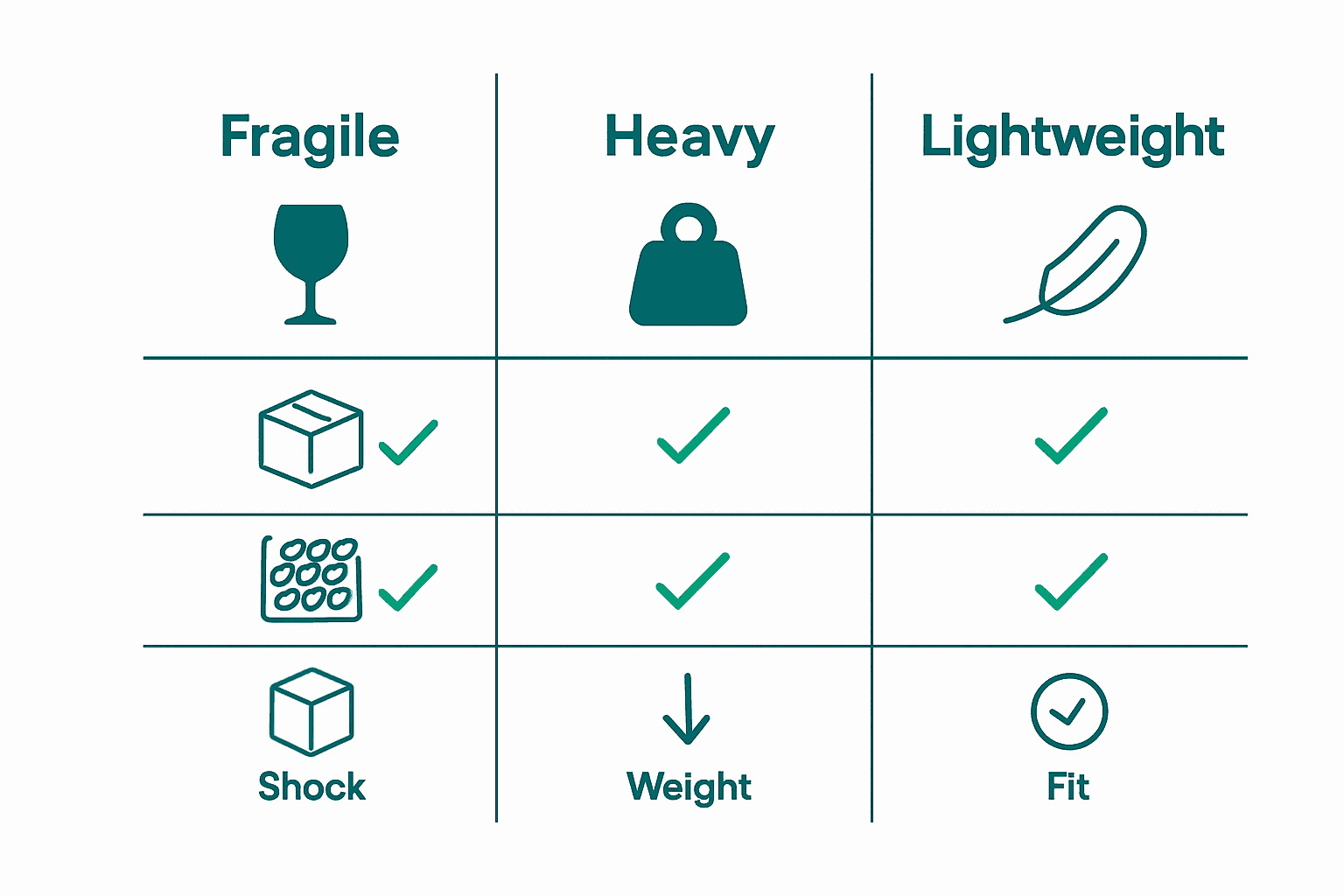 Infographic comparing packaging for fragile, heavy, and lightweight products with icons and recommendations.