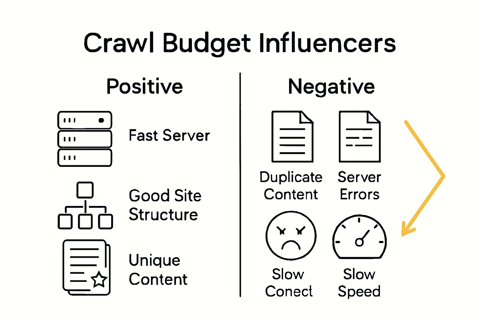 Infographic comparing positive and negative factors affecting crawl budget
