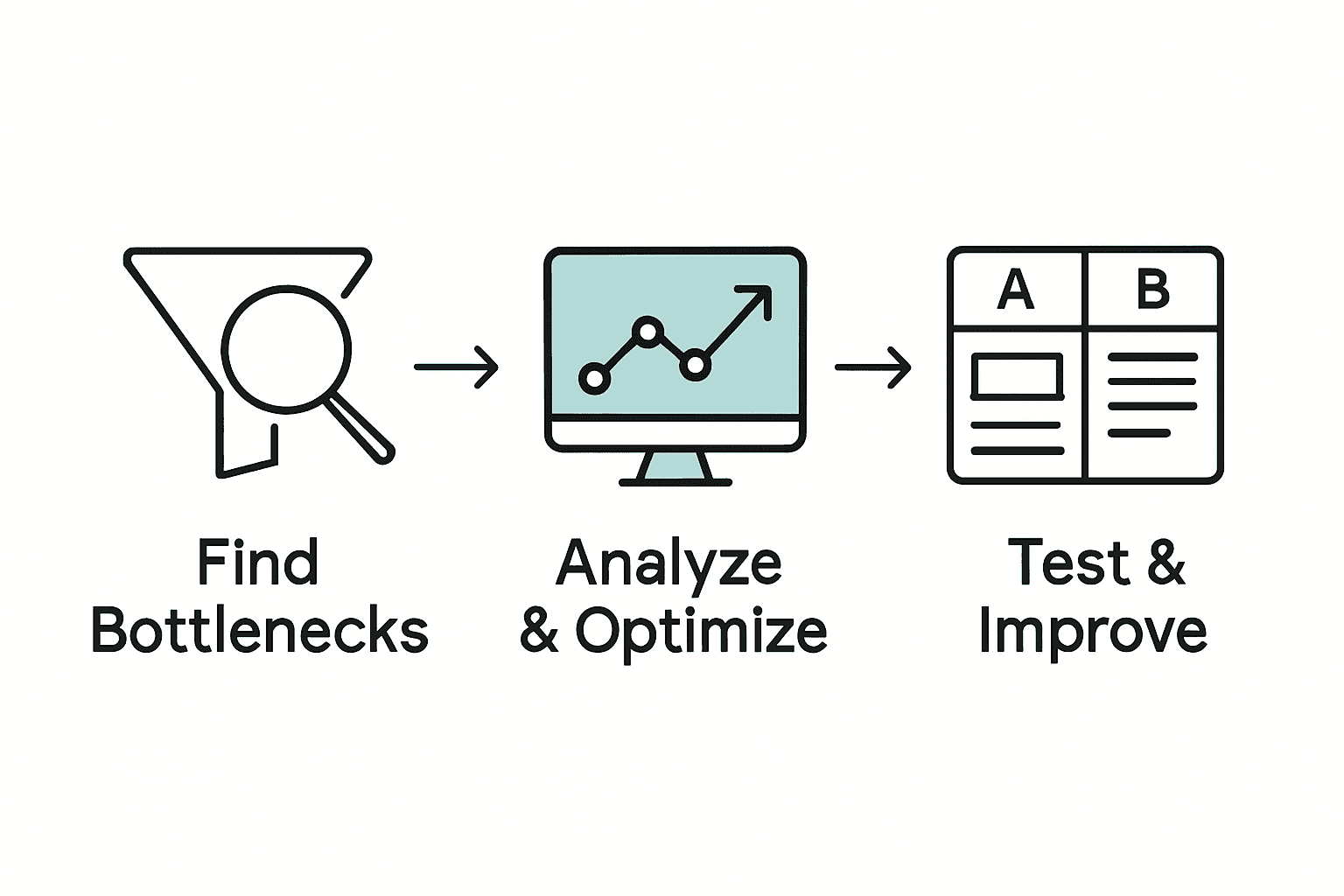 Three-step infographic showing bottlenecks, analytics, and testing for conversion optimization.