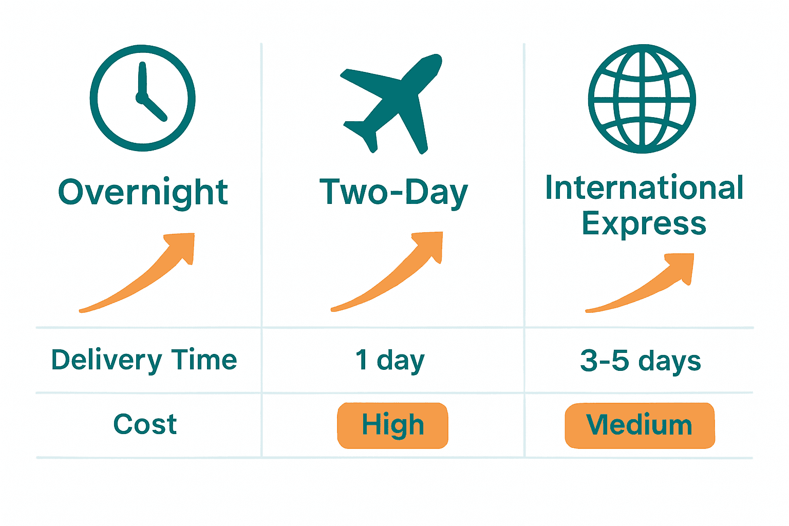 Infographic comparing overnight, two-day, and international express shipping services.