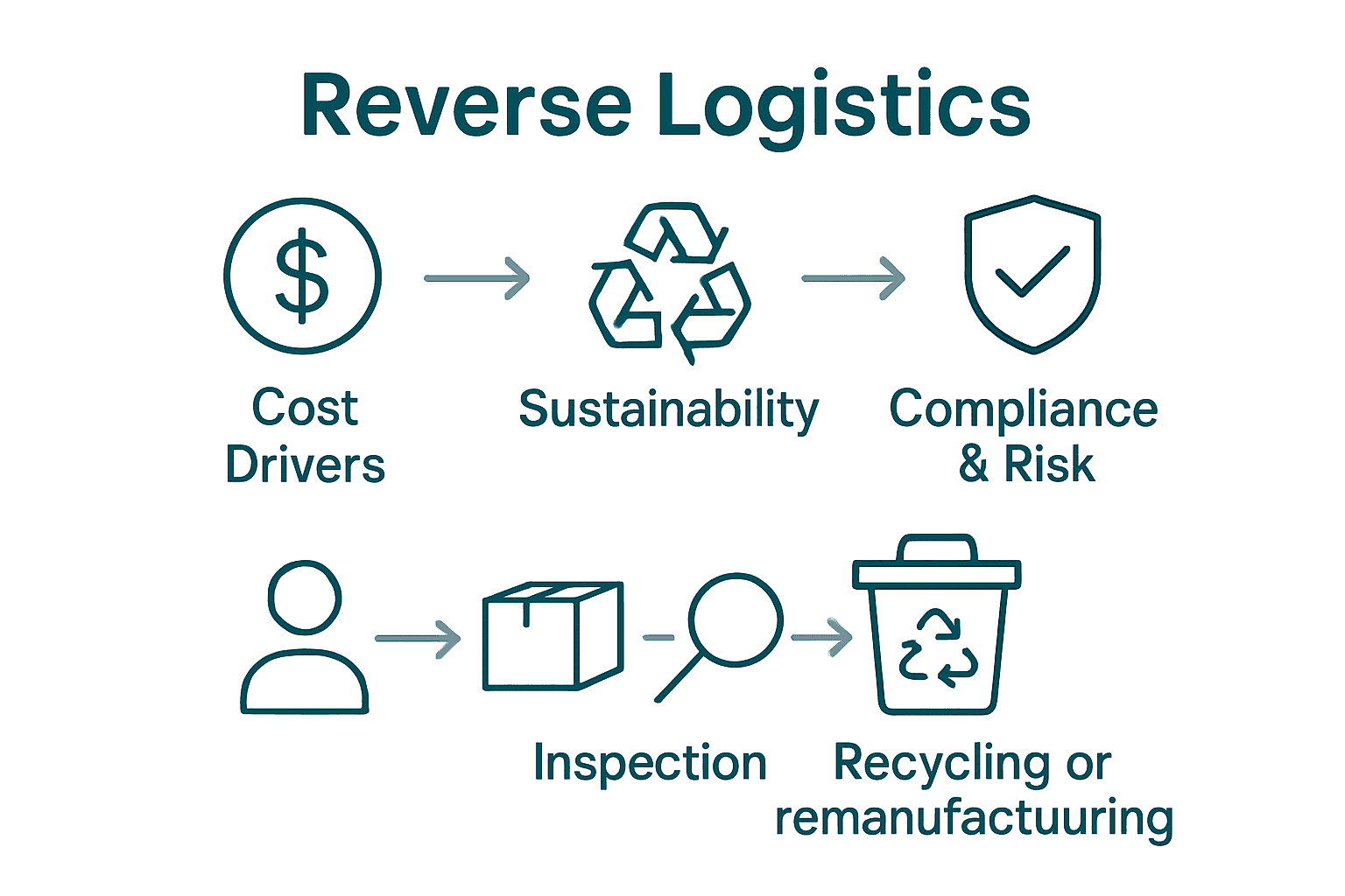 Infographic comparing cost, sustainability, and compliance in reverse logistics.
