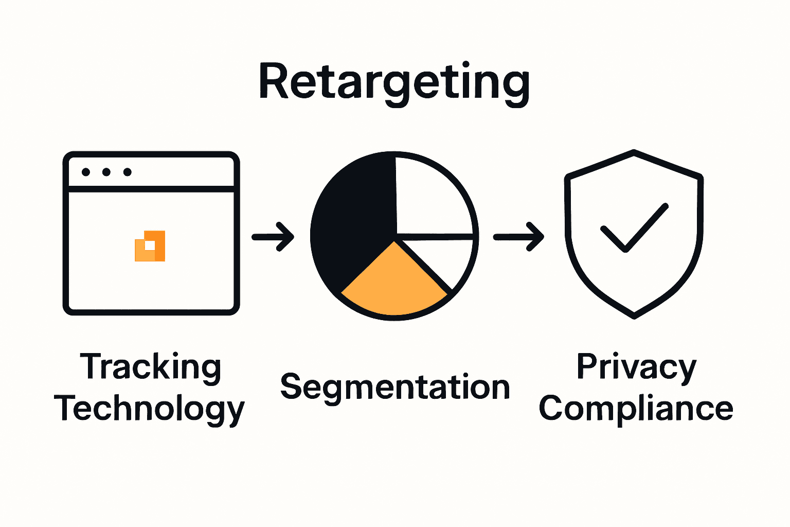 Infographic showing tracking technology, audience segmentation, and privacy compliance in retargeting.