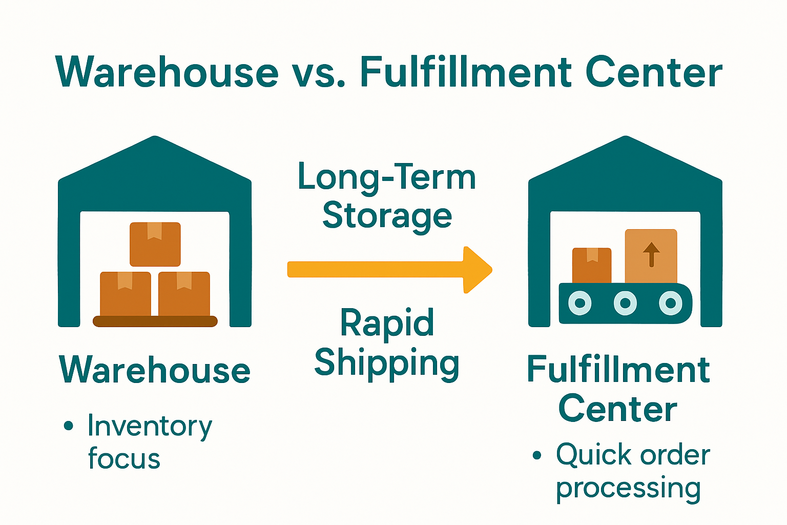 Comparison infographic showing warehouse versus fulfillment center key differences