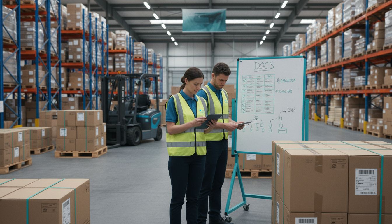 Officers inspecting goods and documents in warehouse
