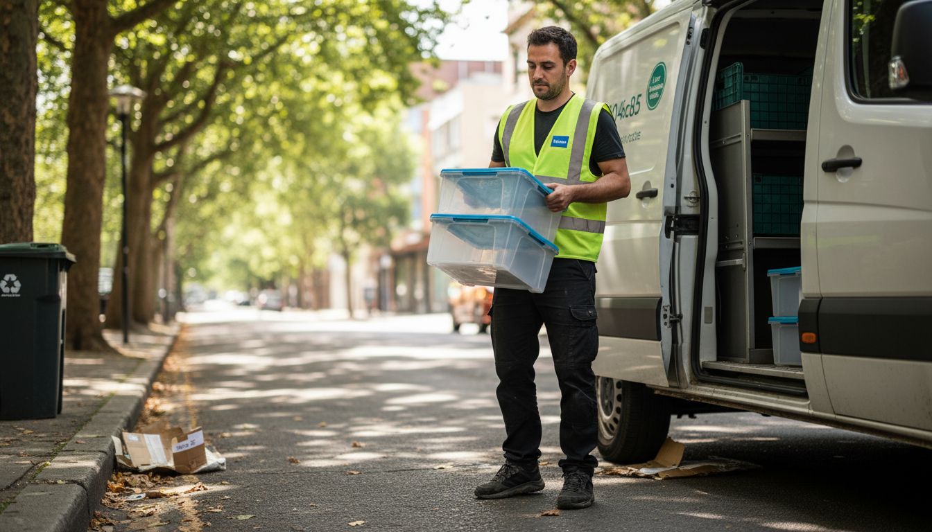Driver unloading containers from electric van